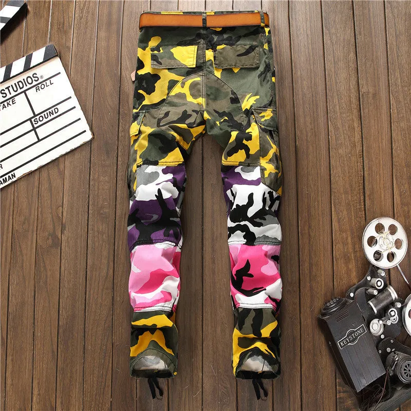 Mixed Camouflage Prints Men Buttoned Cargo Pants