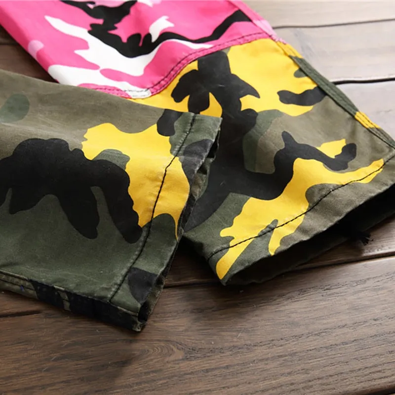 Mixed Camouflage Prints Men Buttoned Cargo Pants