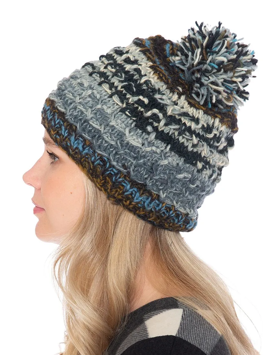 Multi Color Wool Beanie Hat with Pom Pom