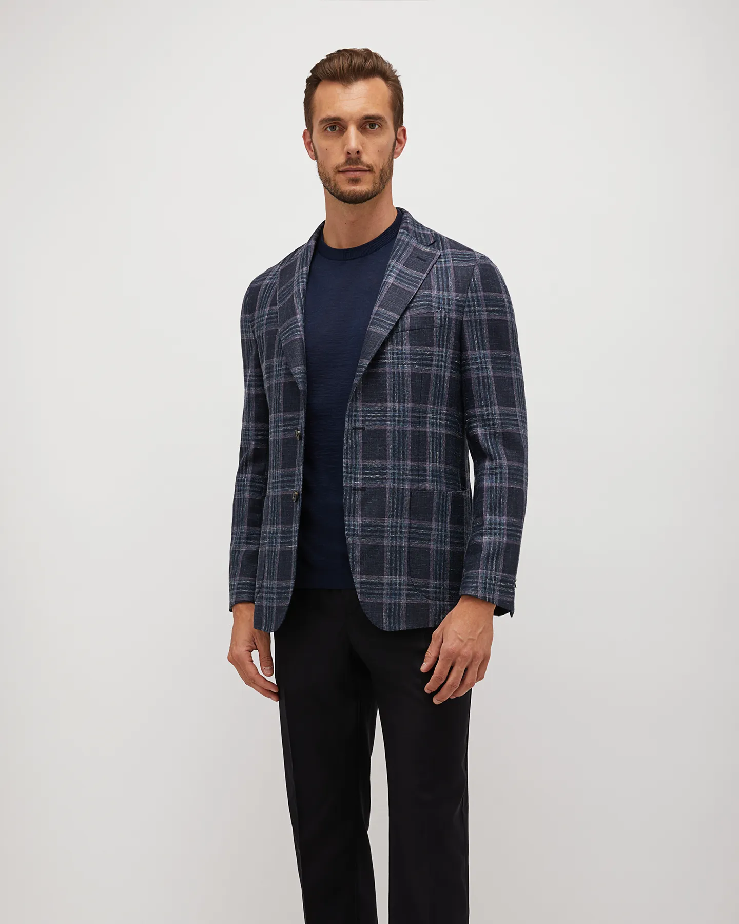 NAVY AND PURPLE PLAID VIRGIN WOOL BLEND SOFT COAT