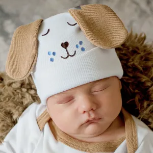 Newborn Baby Puppy Dog Face Hospital Beanie Hat with Doggy Ears, Newborn Hat Infant Hat, Gender Neutral, White