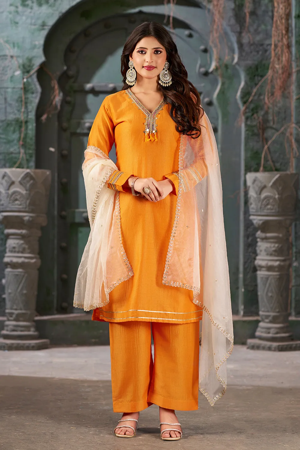 Orange Peel Straight Embroidered Kurta Set with Trousers and Dupatta