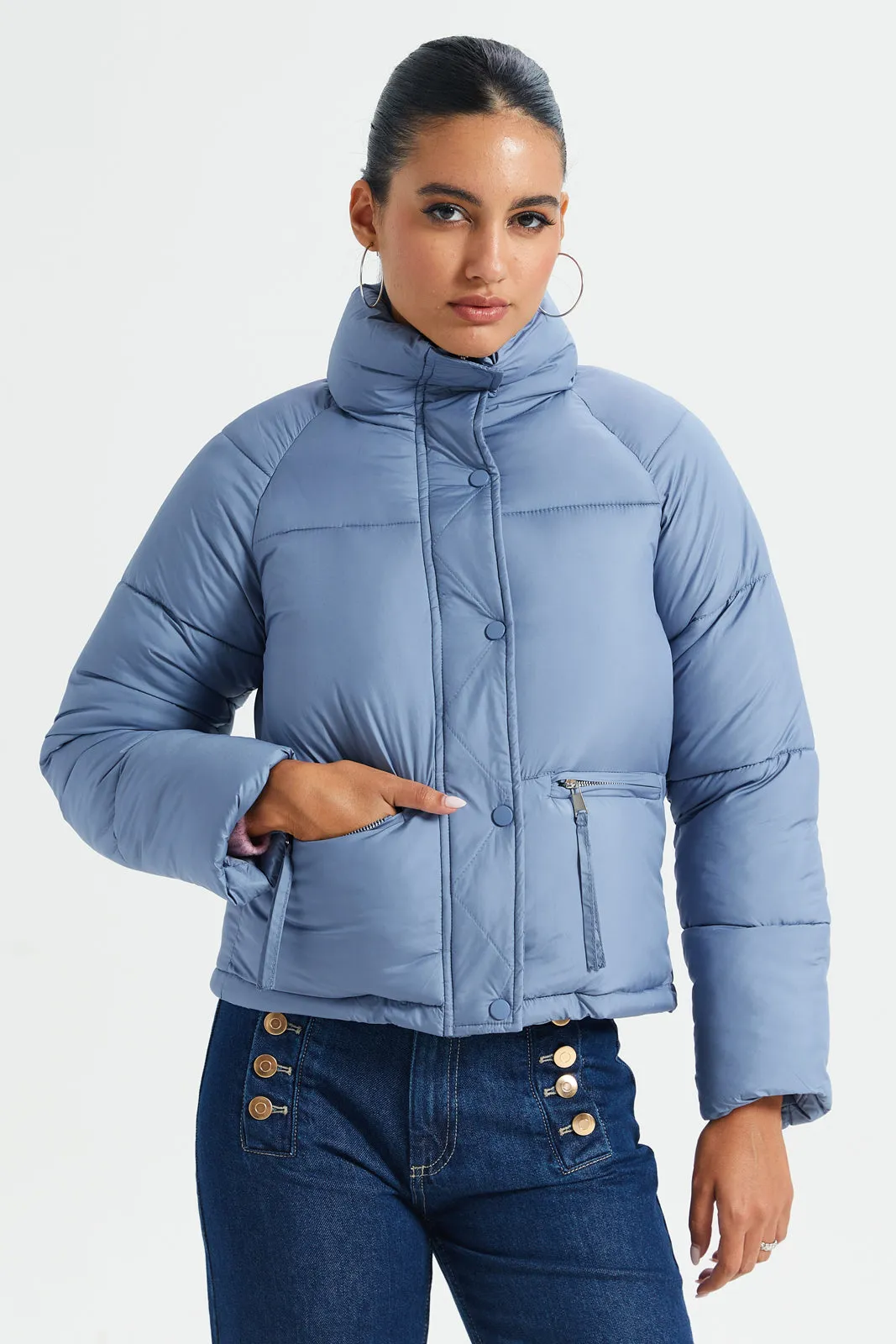 Pale Blue Zip Up Stand Collar Puffer Jacket