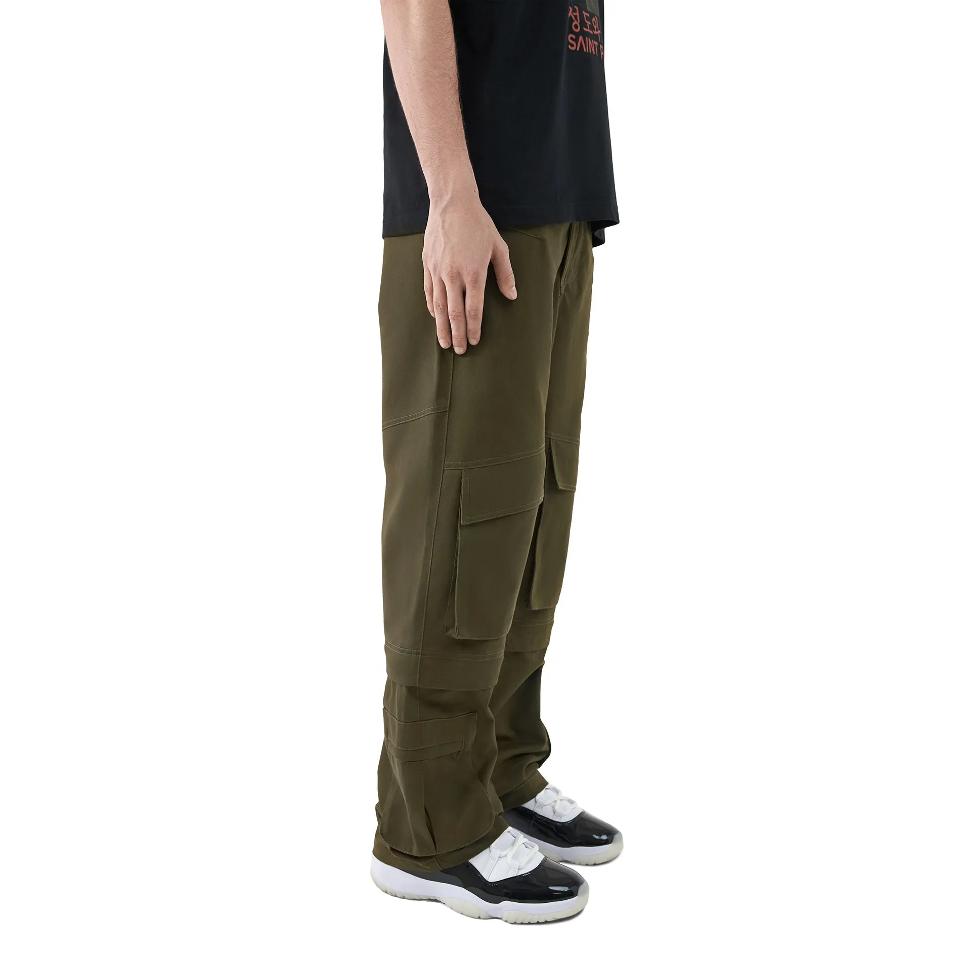 Panelled hard cotton cargo trousers - Khaki Green