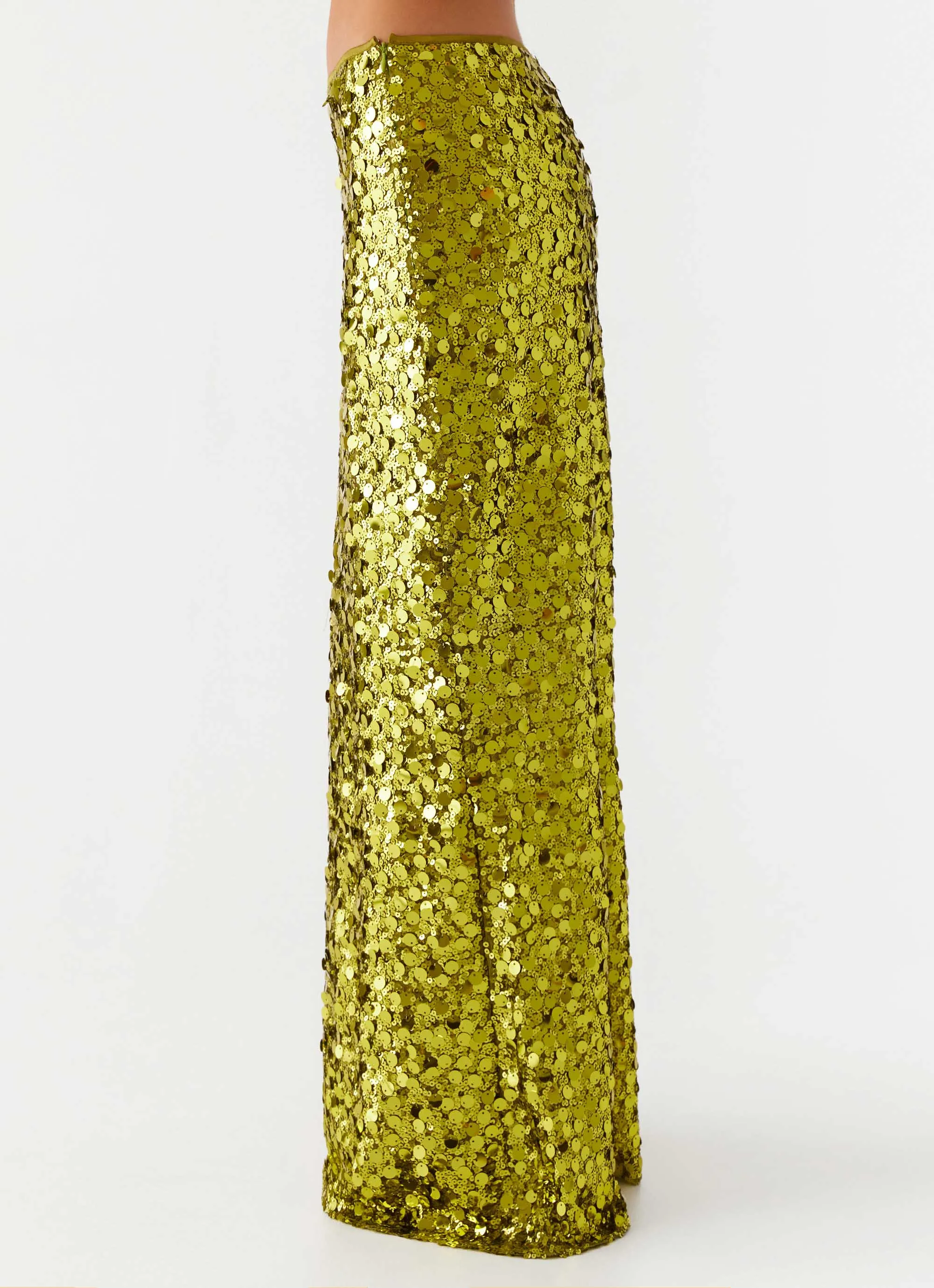 Perfect Places Low Rise Sequin Maxi Skirt - Olive