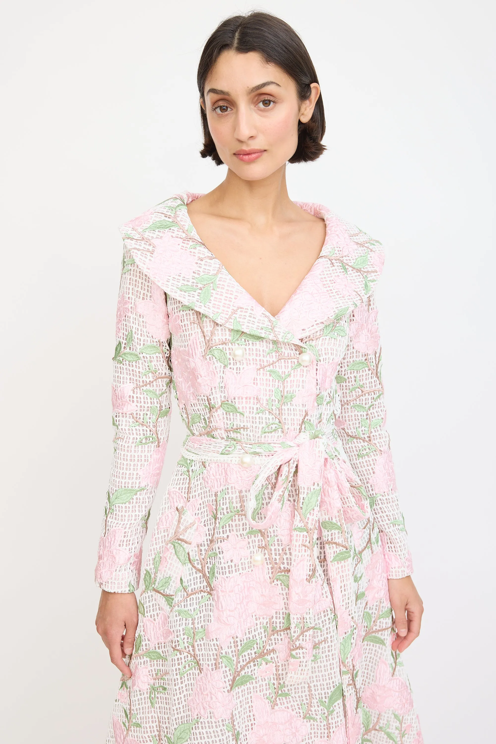 Pink & Multicolour Floral Applique Belted Dress