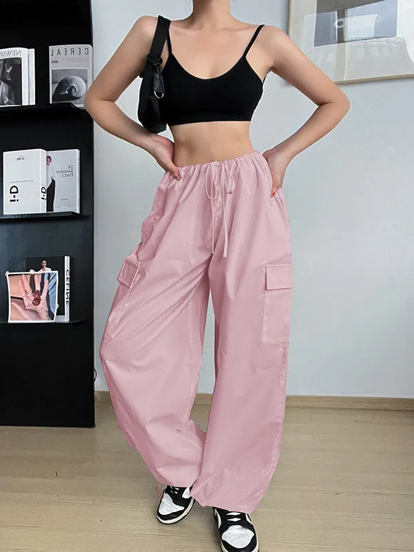 Pink Drawstring Waist Pocket Cargo Parachute Pants