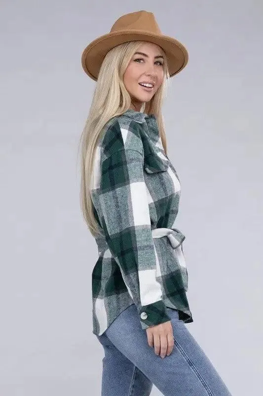 Plaid shacket with waist tie belt