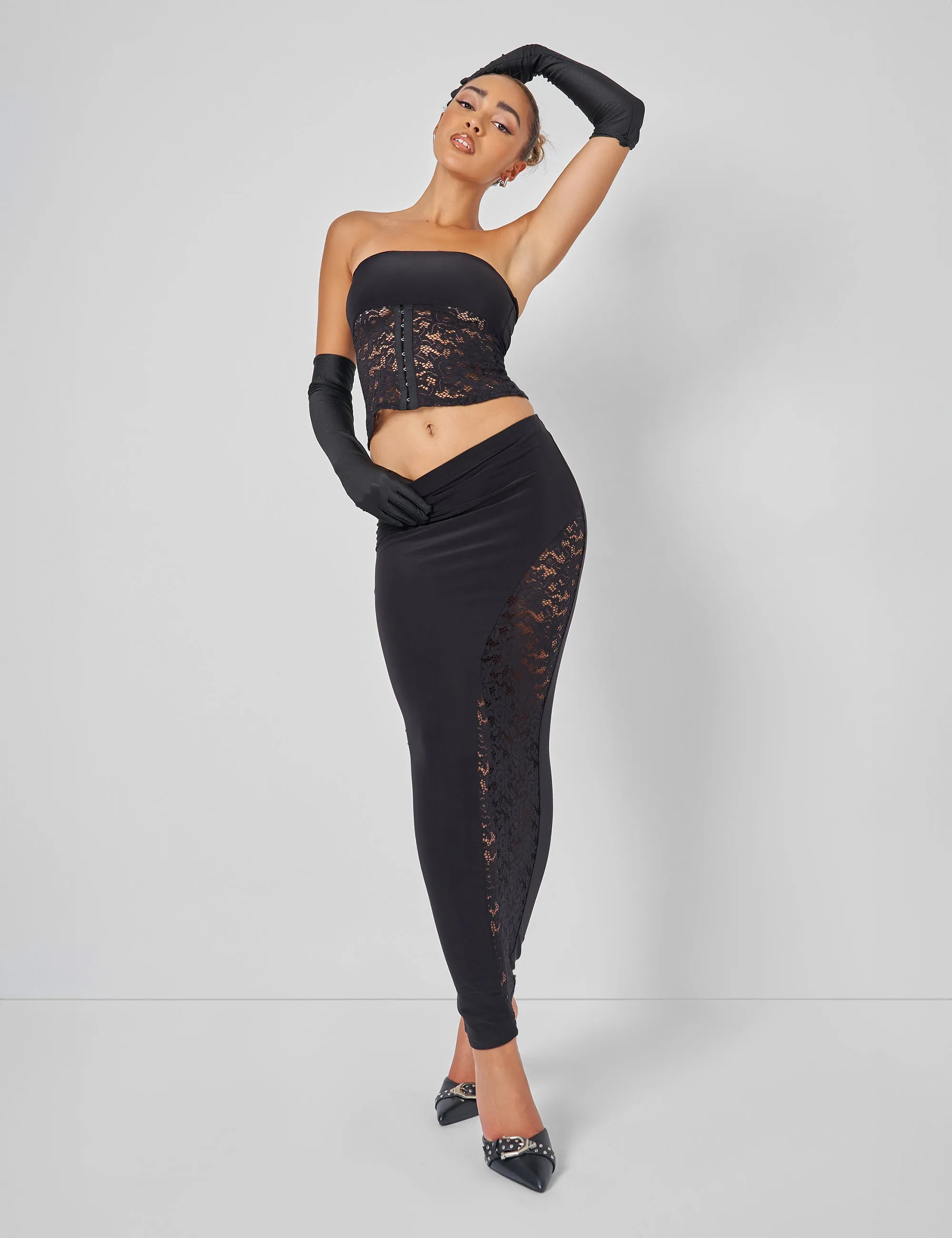 Public Desire Lace High Split Maxi Skirt Co-ord in Black