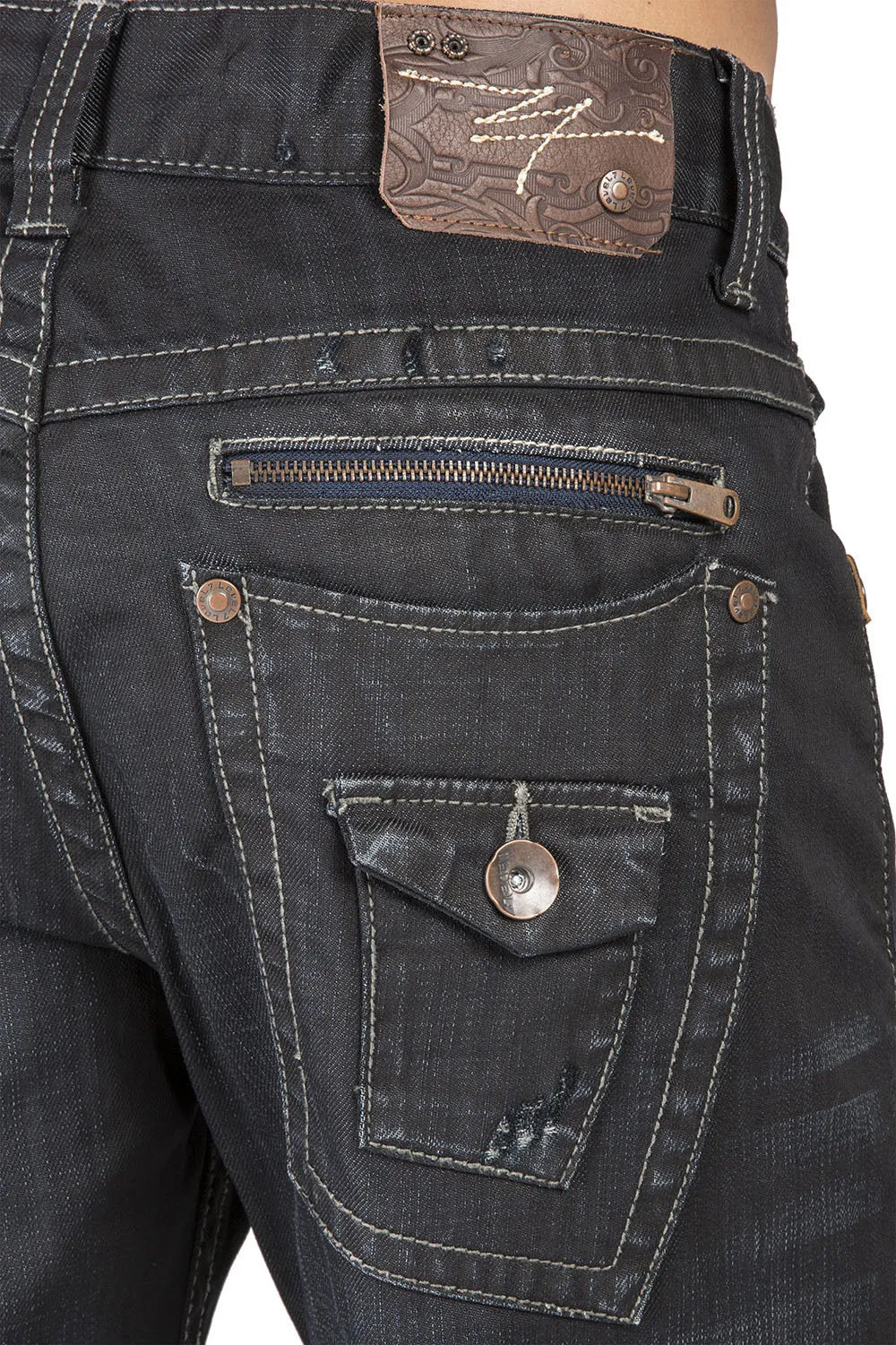 Relaxed Straight Dark Indigo Premium Denim Zip Pocket Jean With Overspray Coating