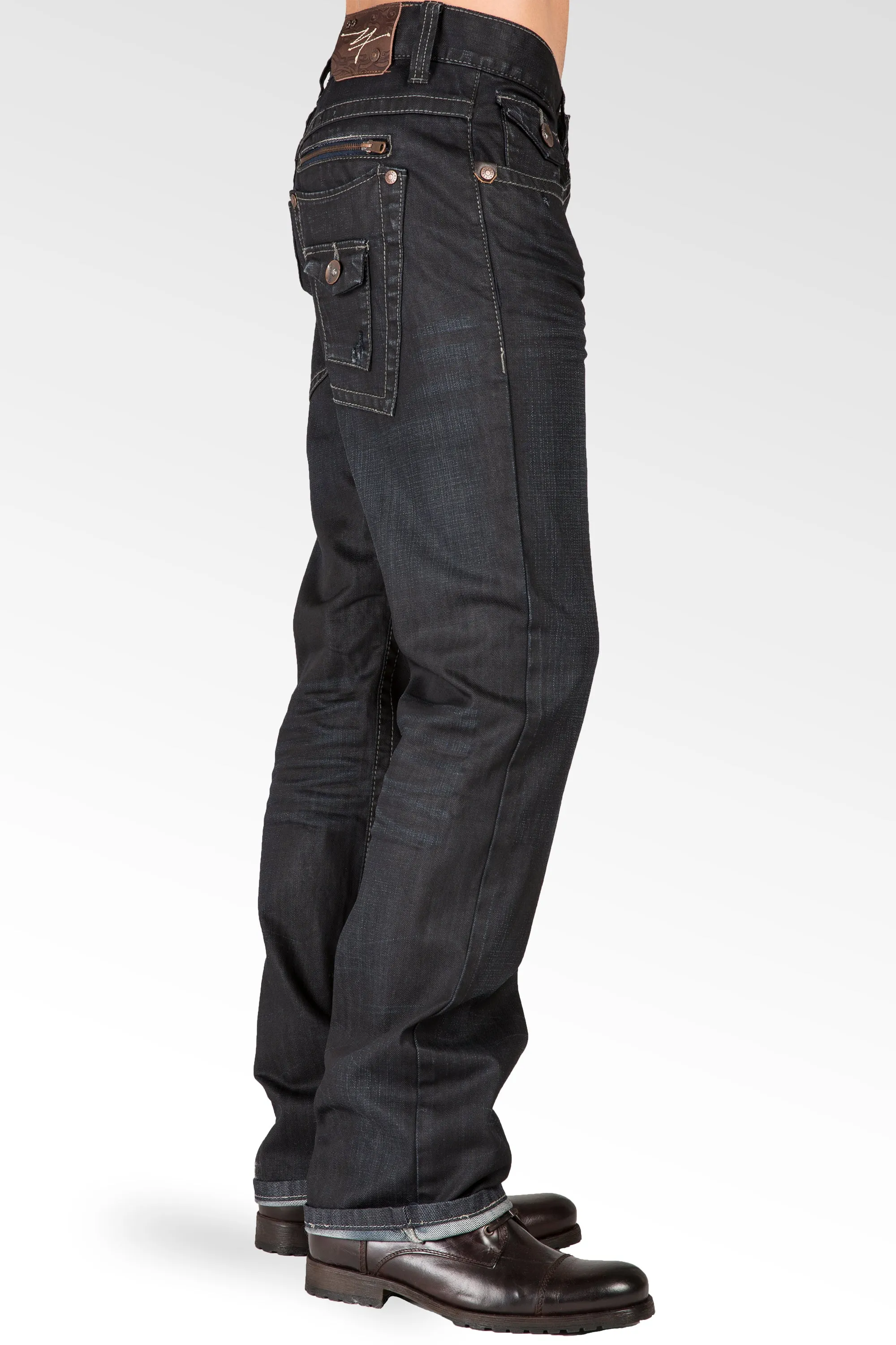 Relaxed Straight Dark Indigo Premium Denim Zip Pocket Jean With Overspray Coating