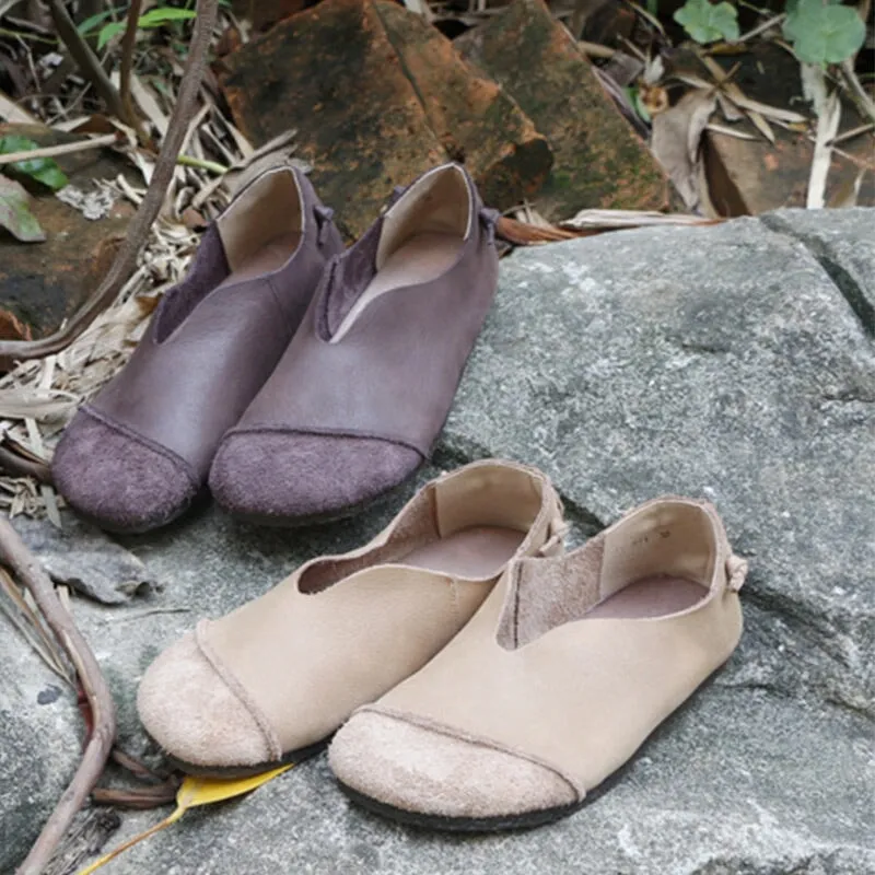 Retro Handmade Soft Leather Flats For Women Round Toe in Apricot/Coffee