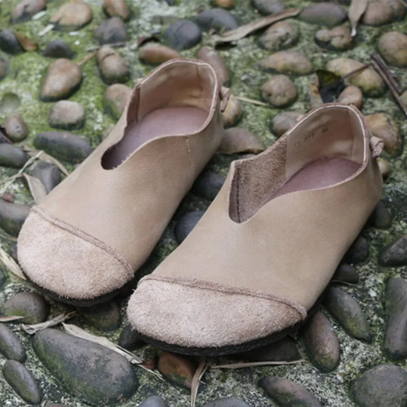 Retro Handmade Soft Leather Flats For Women Round Toe in Apricot/Coffee