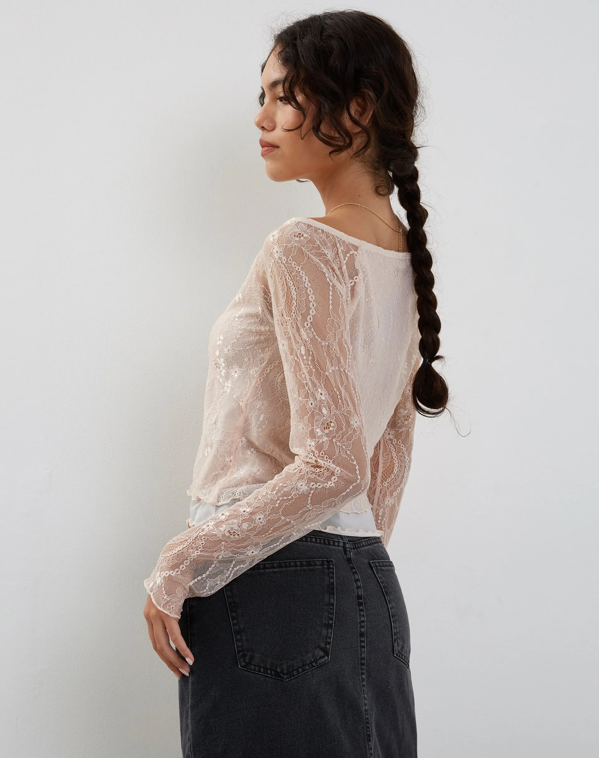 Rory Long Sleeve Lace Top in Pink