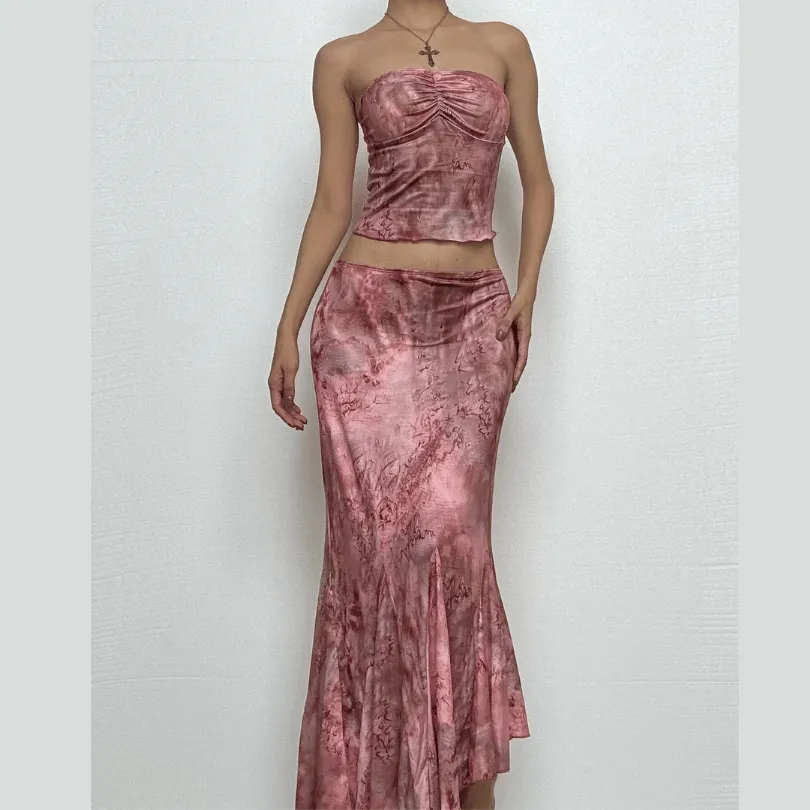 Ruched tie dye backless tube maxi skirt set