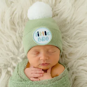 Sage Green Little BRO with White Pom Pom - Little Brother Baby Hat Sage Green