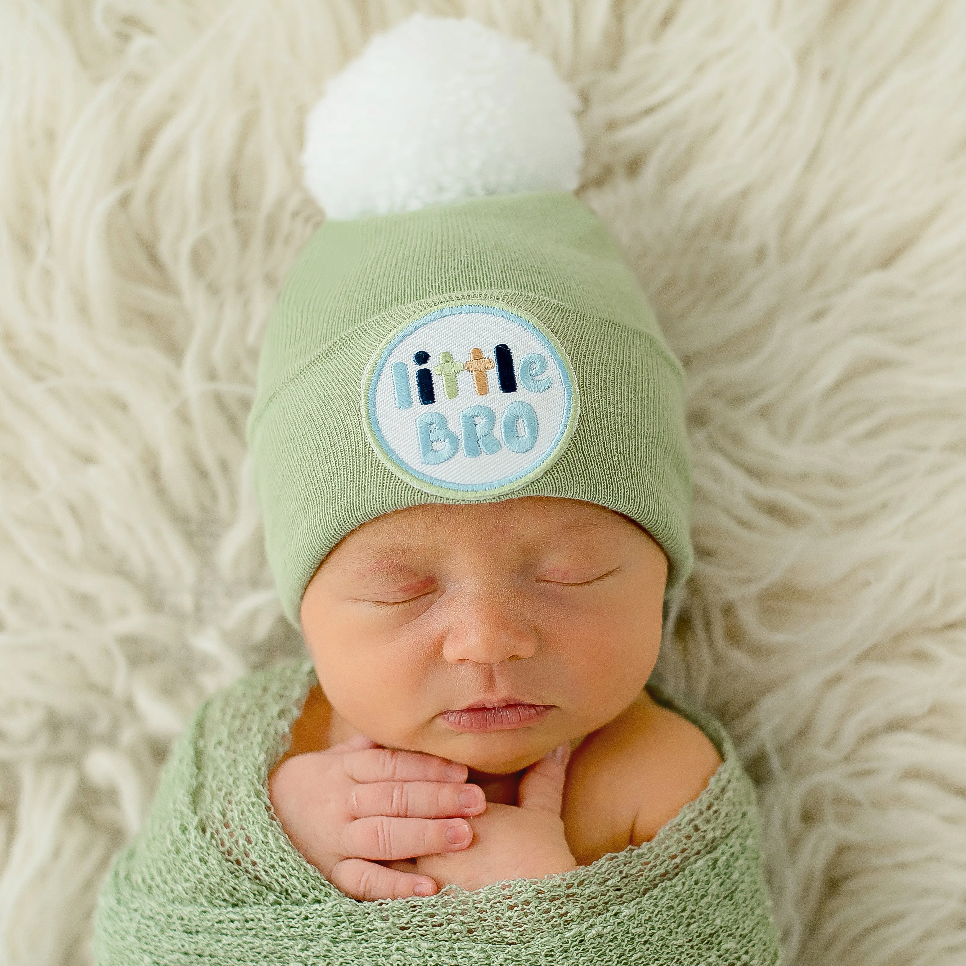 Sage Green Little BRO with White Pom Pom - Little Brother Baby Hat Sage Green