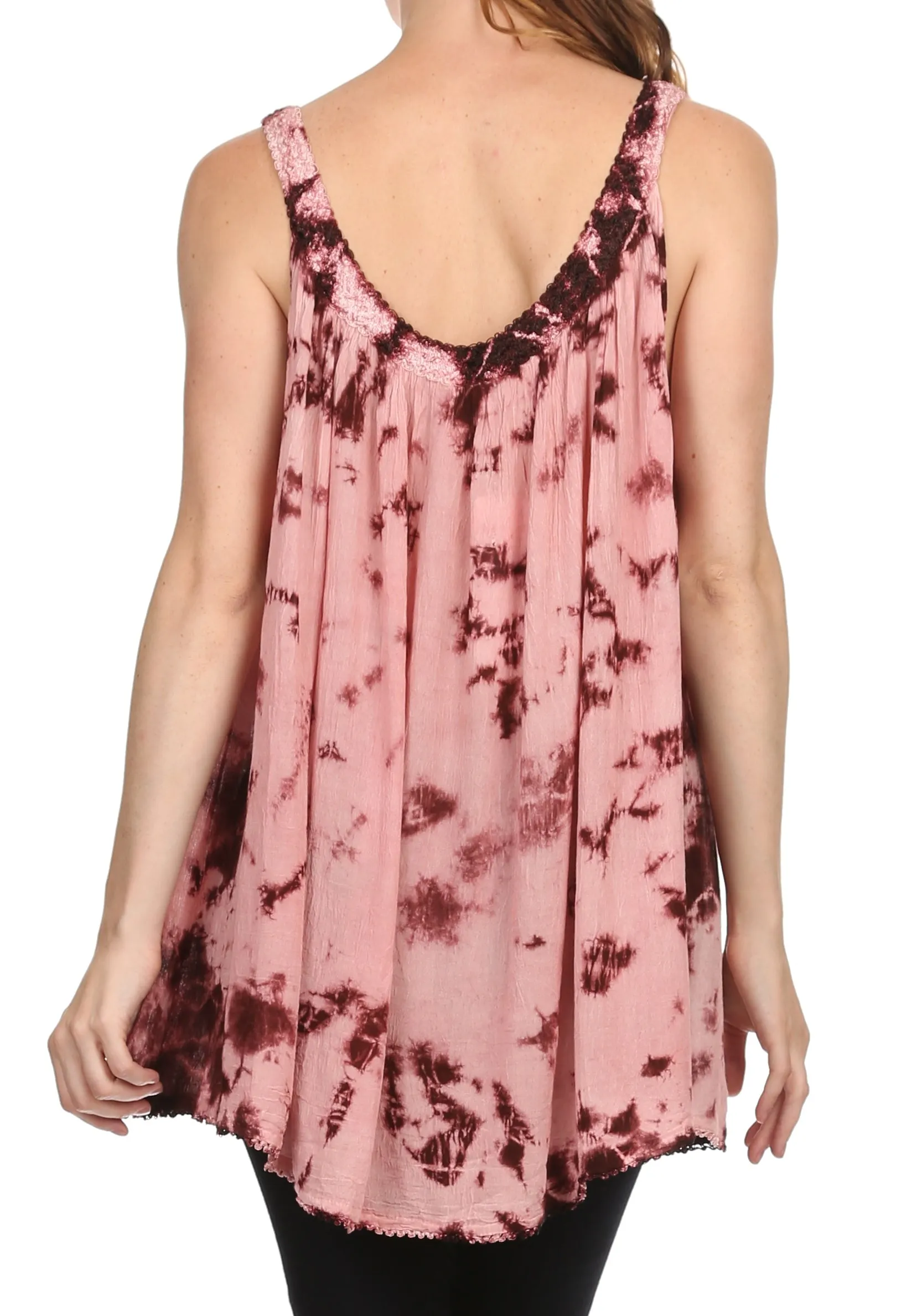 Sakkas Ashanti Embroidered Trim Picot Rayon Tie Dye Tank Top