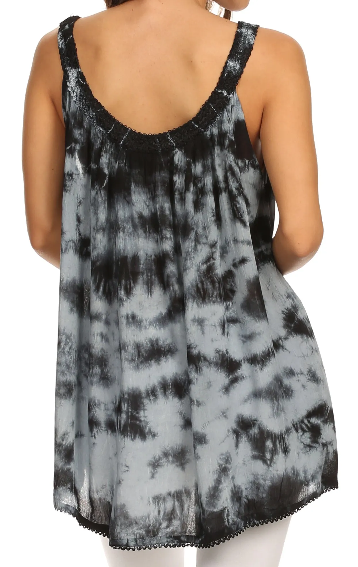 Sakkas Ashanti Embroidered Trim Picot Rayon Tie Dye Tank Top