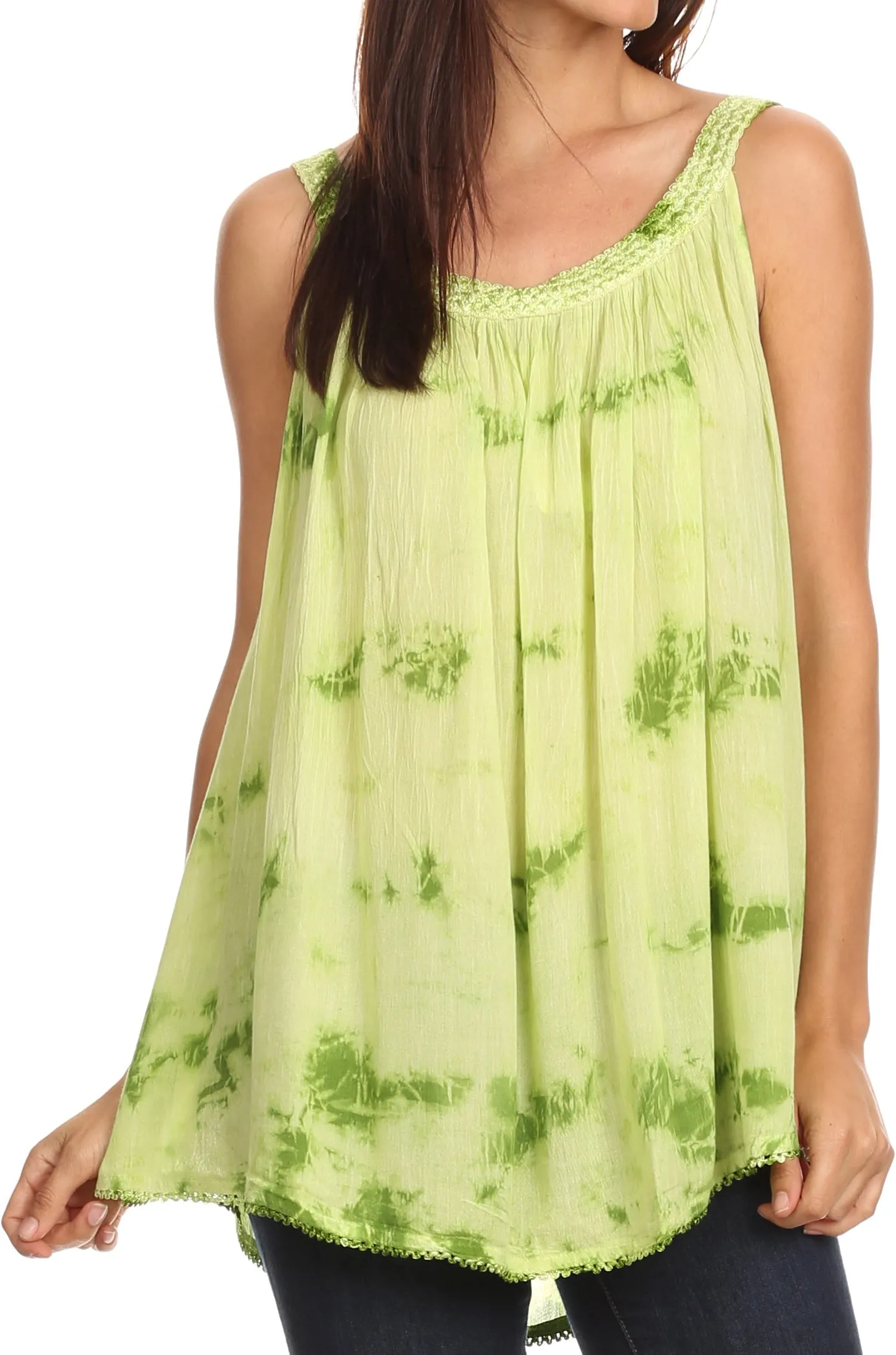 Sakkas Ashanti Embroidered Trim Picot Rayon Tie Dye Tank Top