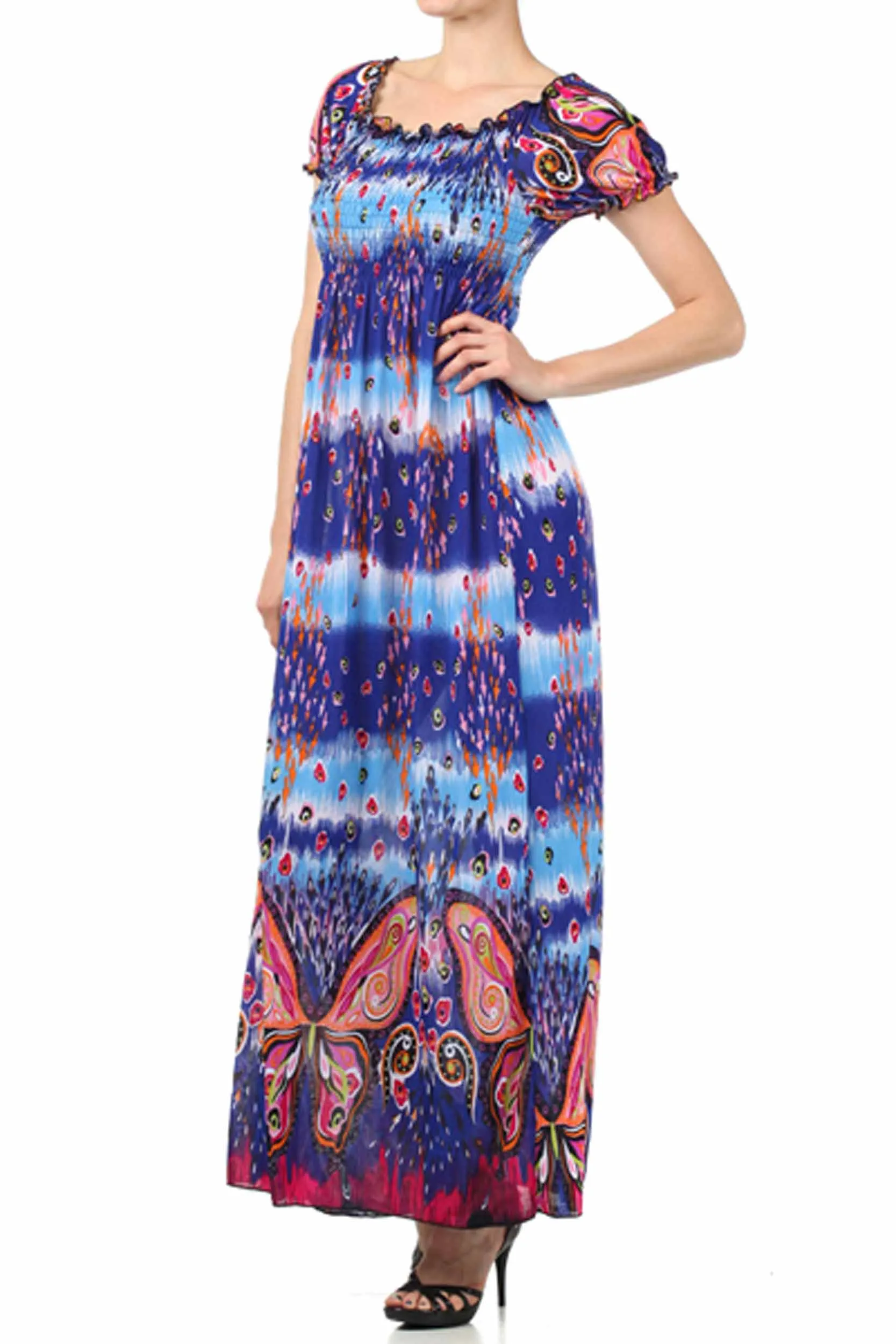 Sakkas Butterfly Smocked Bodice Cap Sleeve Maxi Dress