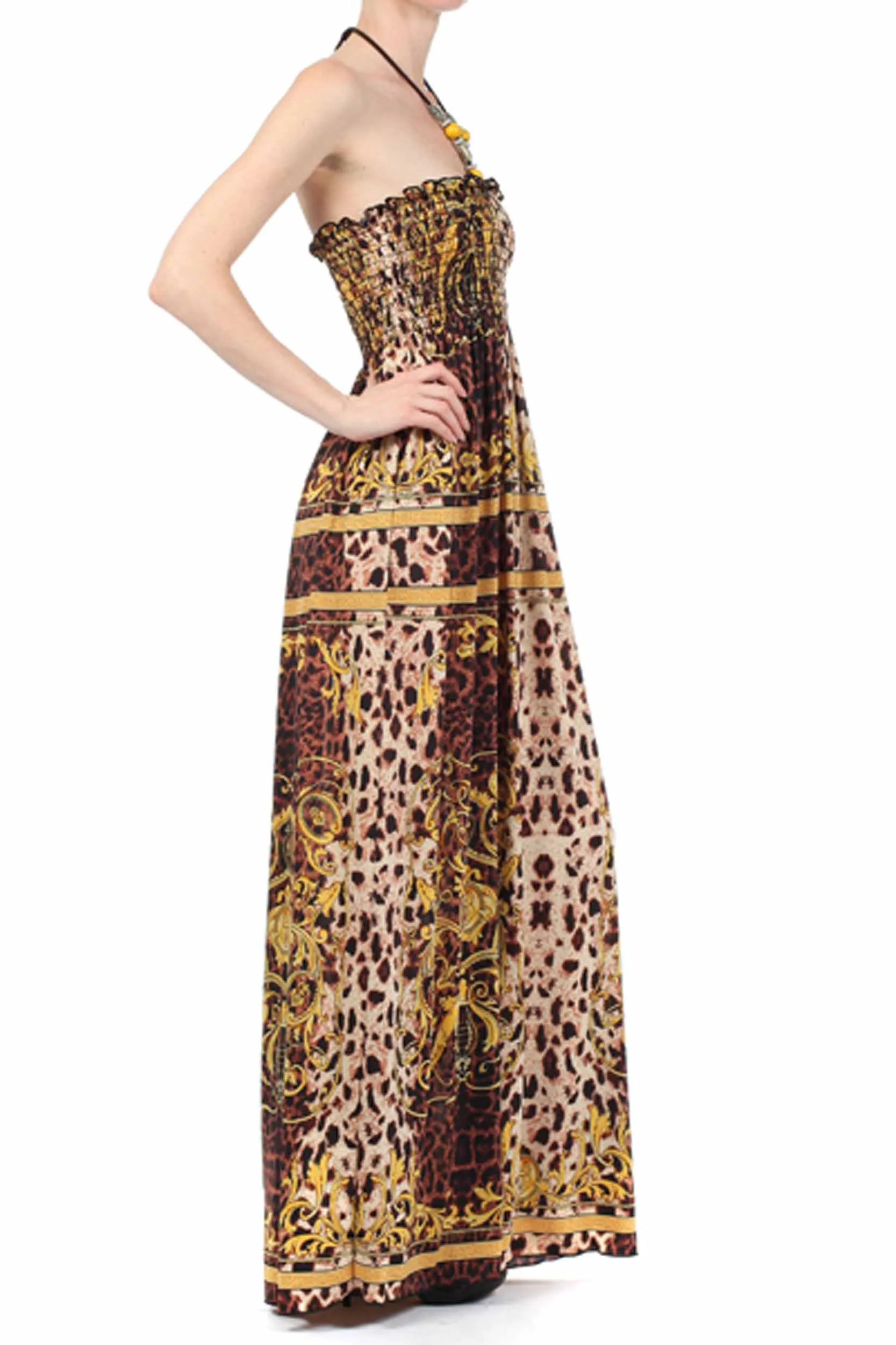 Sakkas Leopard Print Beaded Halter Smocked Bodice Maxi Dress