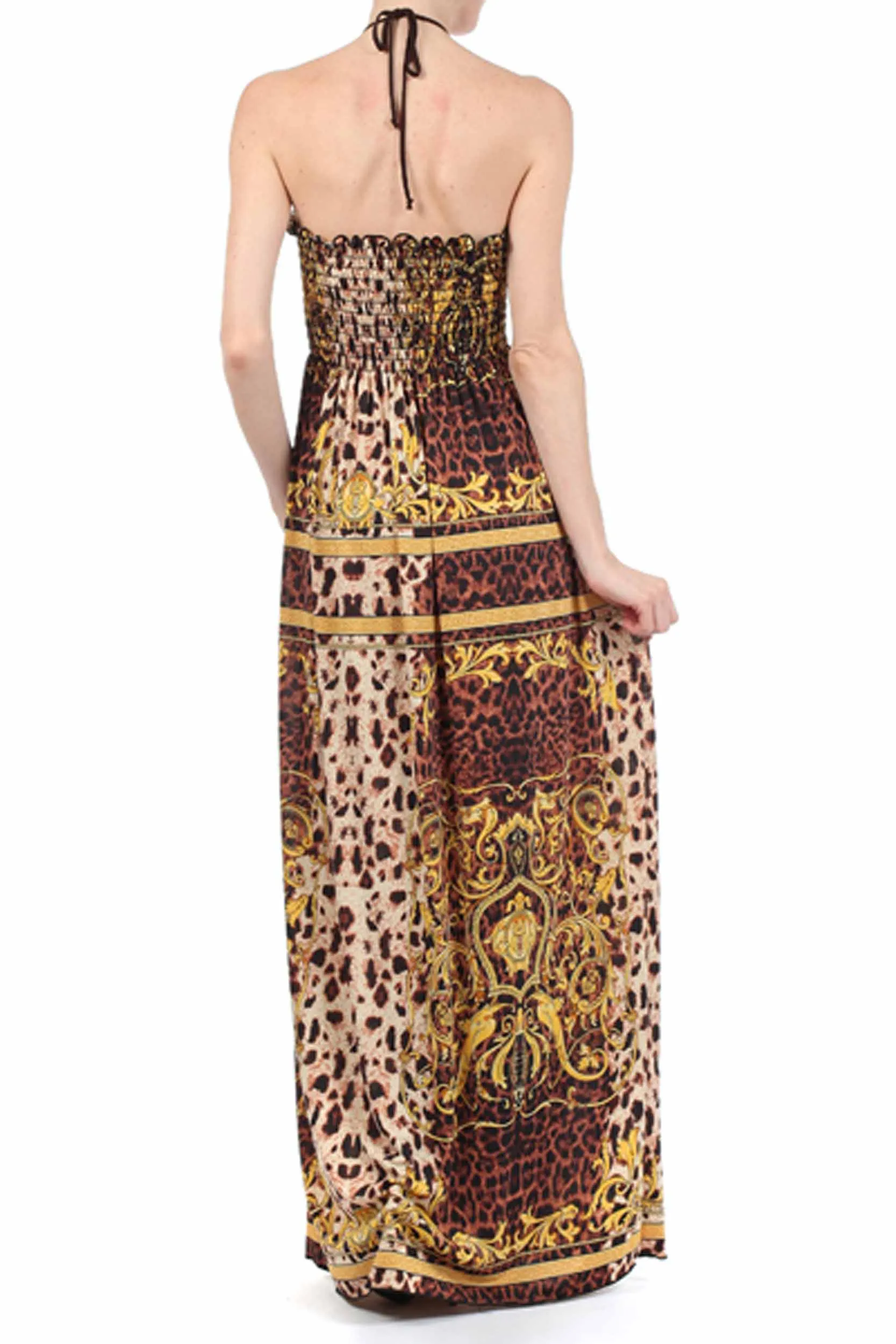 Sakkas Leopard Print Beaded Halter Smocked Bodice Maxi Dress