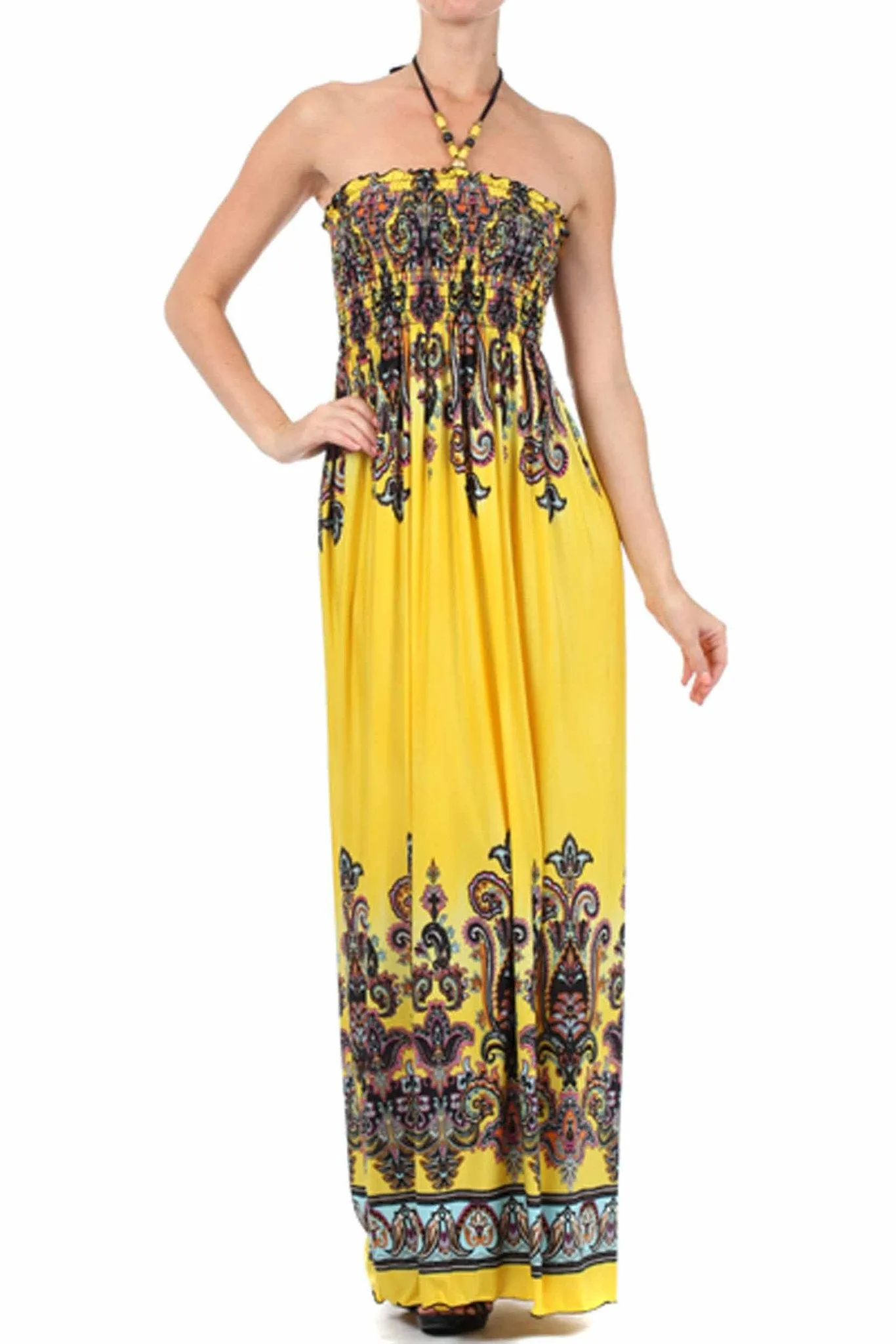 Sakkas Paisley Graphic Print Beaded Halter Smocked Bodice Maxi Dress