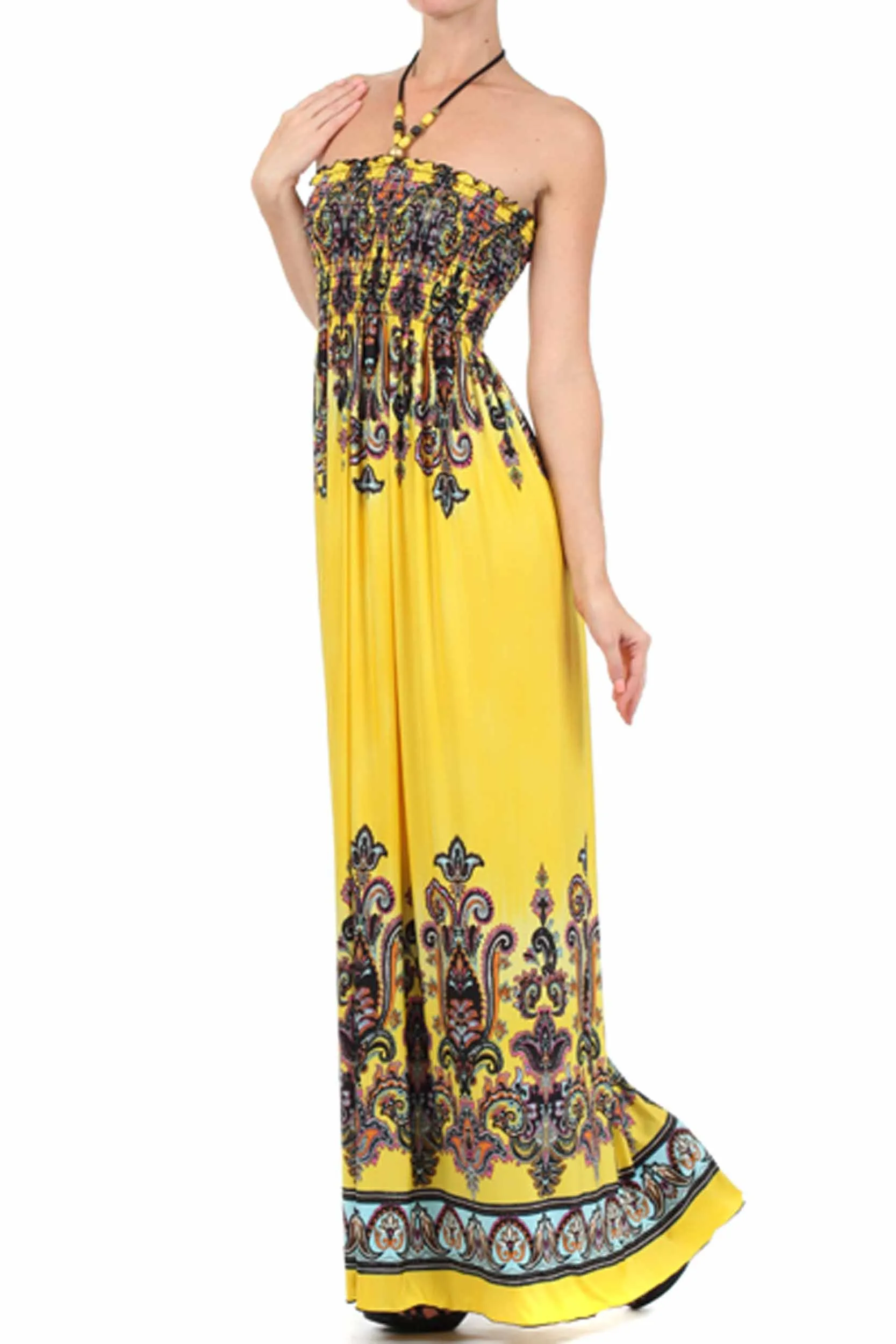 Sakkas Paisley Graphic Print Beaded Halter Smocked Bodice Maxi Dress