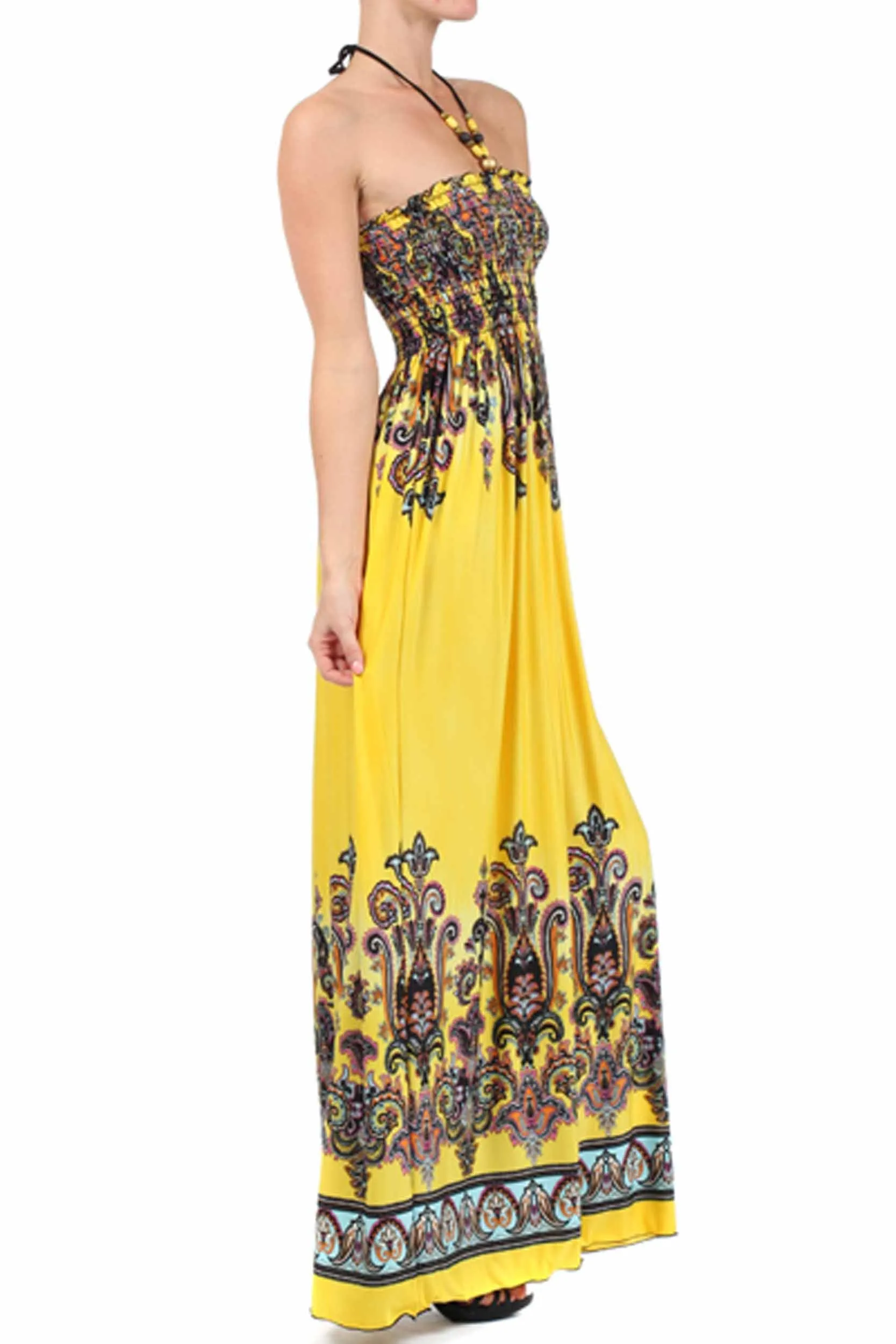 Sakkas Paisley Graphic Print Beaded Halter Smocked Bodice Maxi Dress