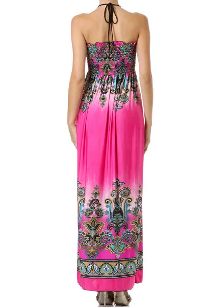 Sakkas Paisley Graphic Print Beaded Halter Smocked Bodice Maxi Dress