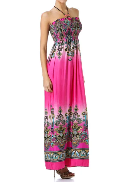 Sakkas Paisley Graphic Print Beaded Halter Smocked Bodice Maxi Dress