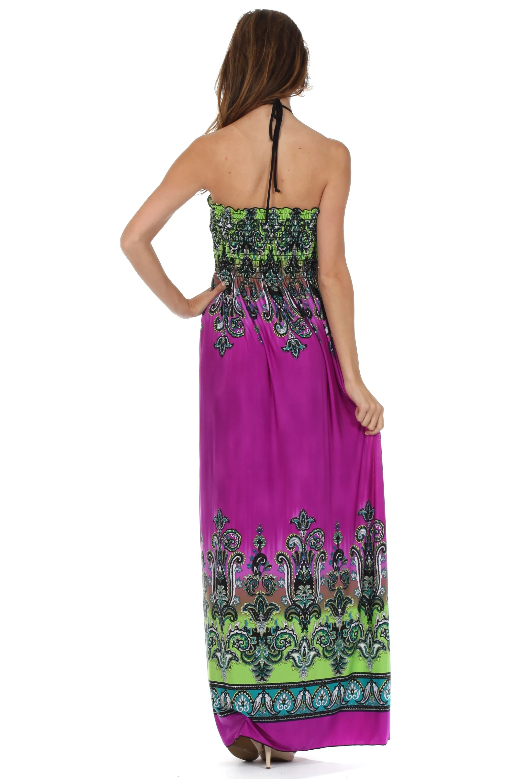 Sakkas Paisley Graphic Print Beaded Halter Smocked Bodice Maxi Dress