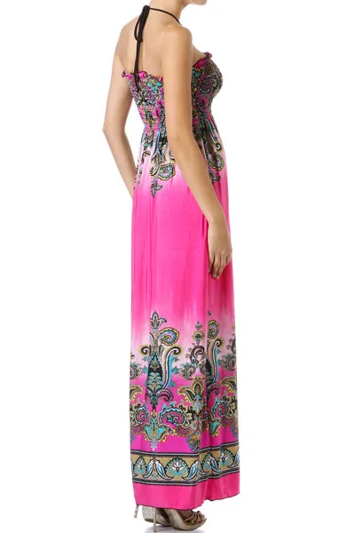 Sakkas Paisley Graphic Print Beaded Halter Smocked Bodice Maxi Dress