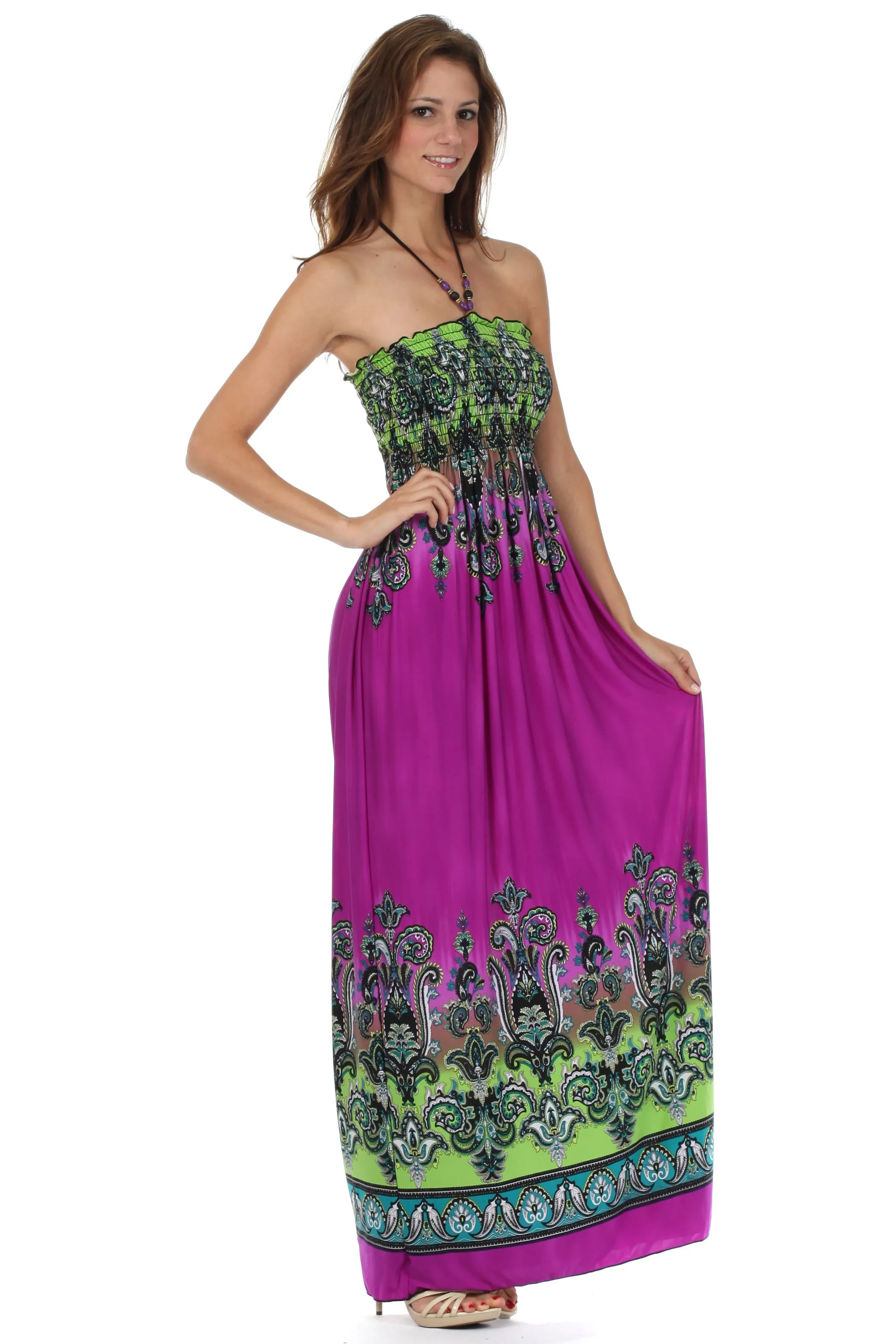 Sakkas Paisley Graphic Print Beaded Halter Smocked Bodice Maxi Dress