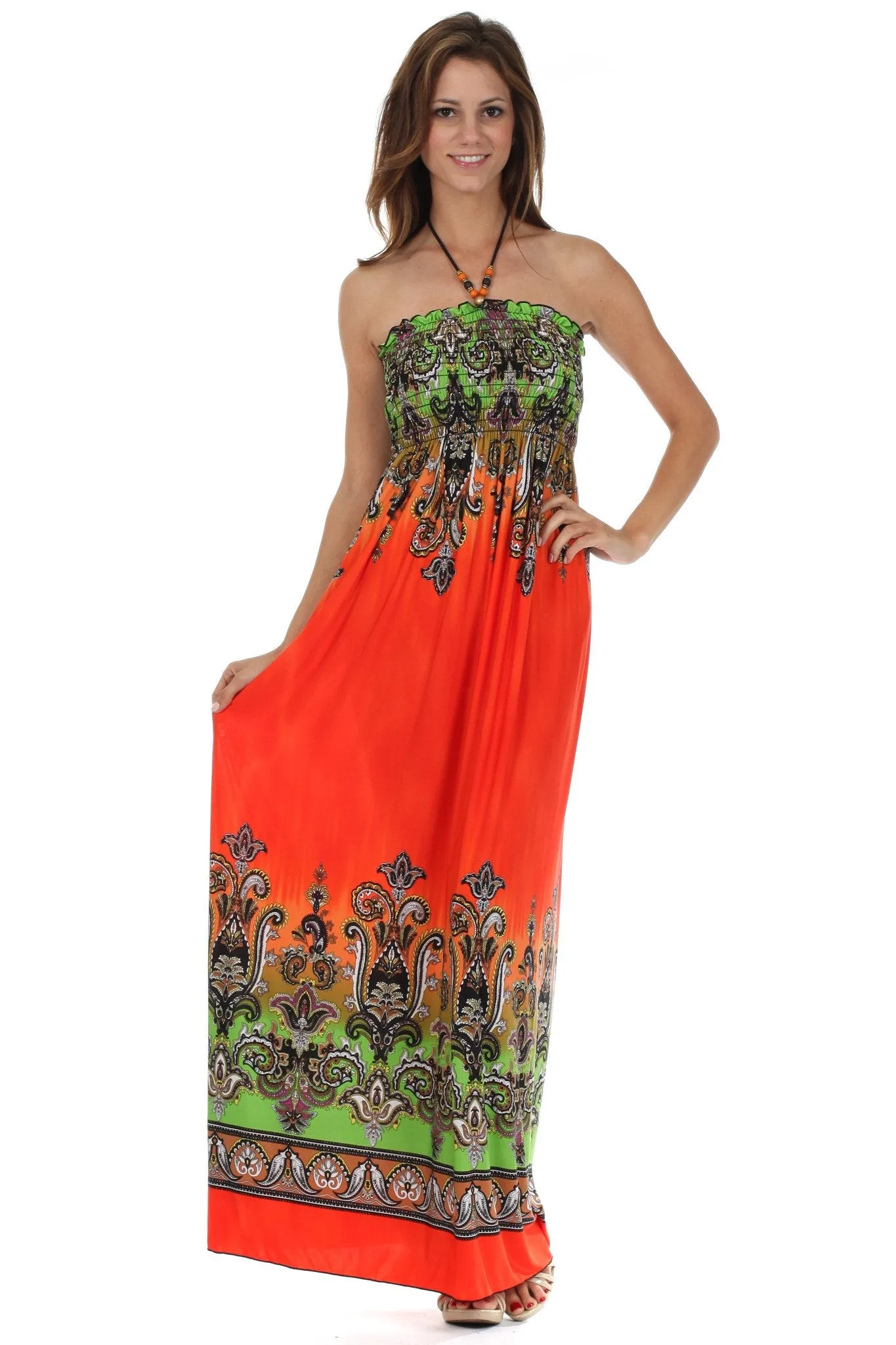 Sakkas Paisley Graphic Print Beaded Halter Smocked Bodice Maxi Dress