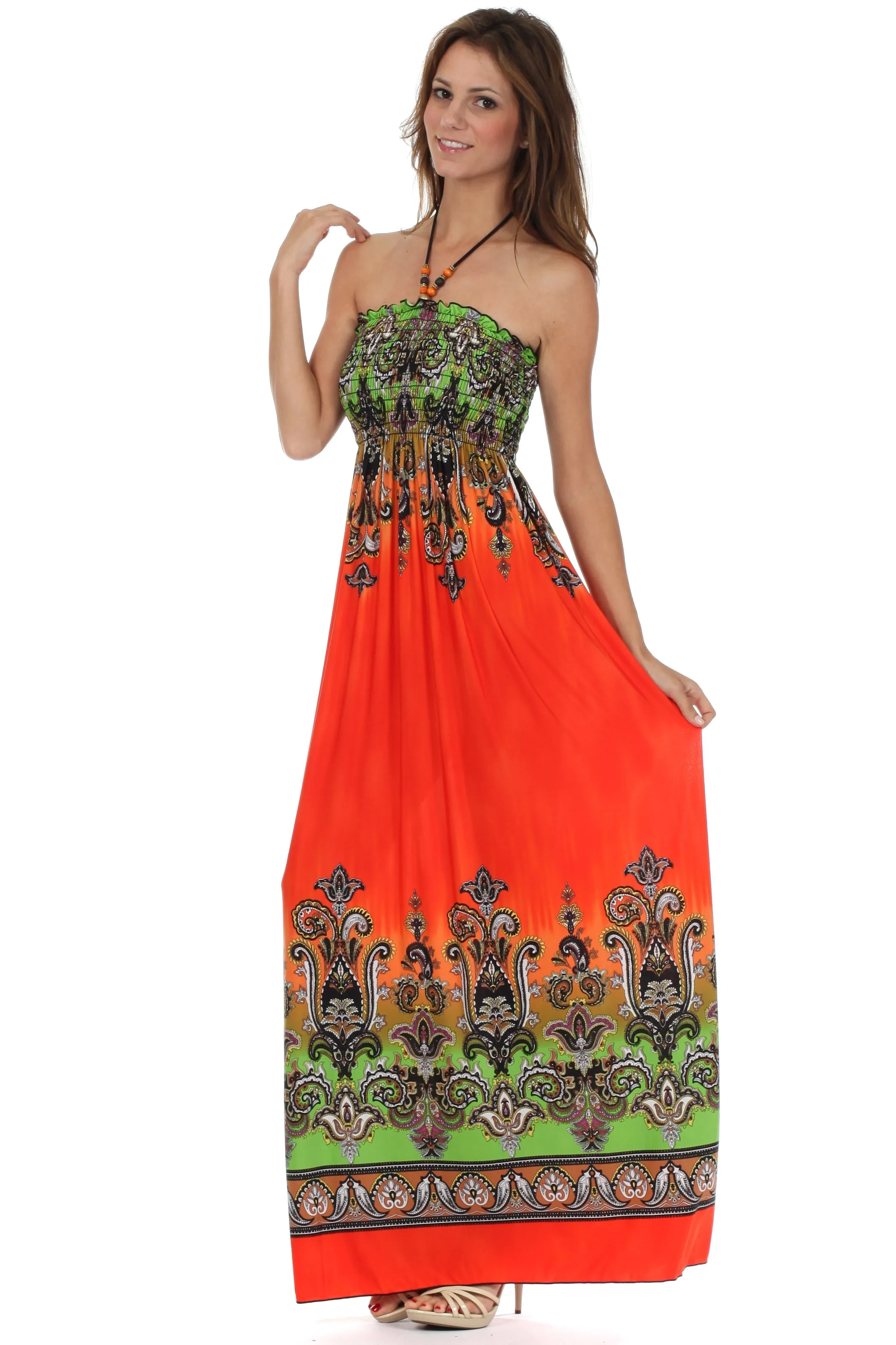 Sakkas Paisley Graphic Print Beaded Halter Smocked Bodice Maxi Dress