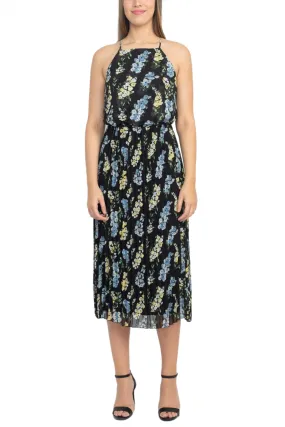 Sam Edelman Square Neck Sleeveless Elastic Waist Zipper Back Multi Print Pleated Skirt