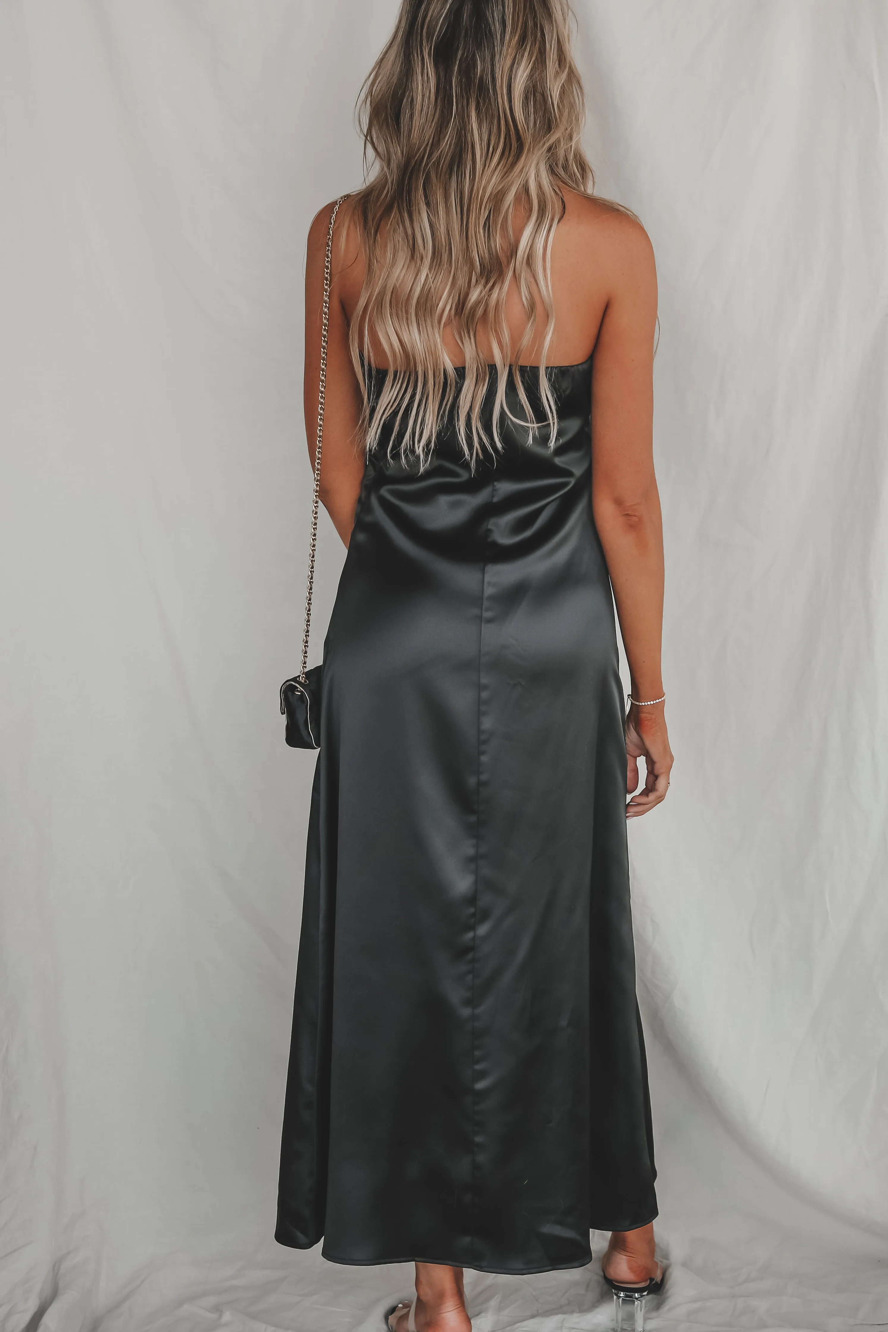 Sassy Side Strapless Black Satin Maxi Dress