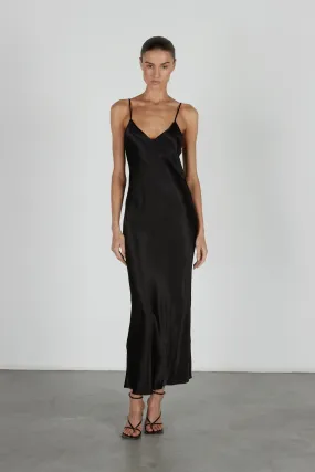 Satin Bias Cut Slip Dress in Black