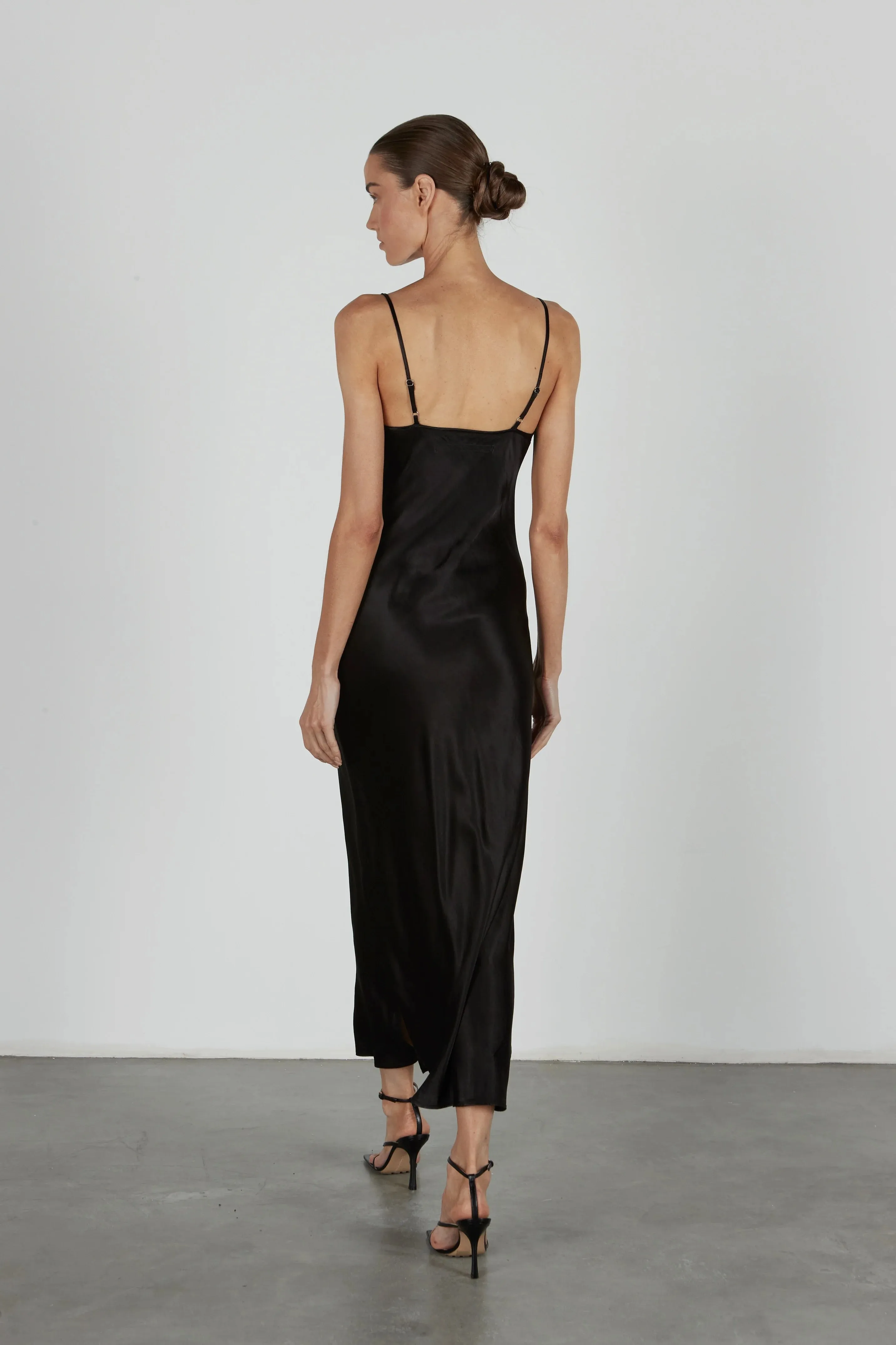 Satin Bias Cut Slip Dress in Black