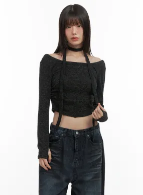 Shirred Cropped Long Sleeve Top with Choker Set CO410