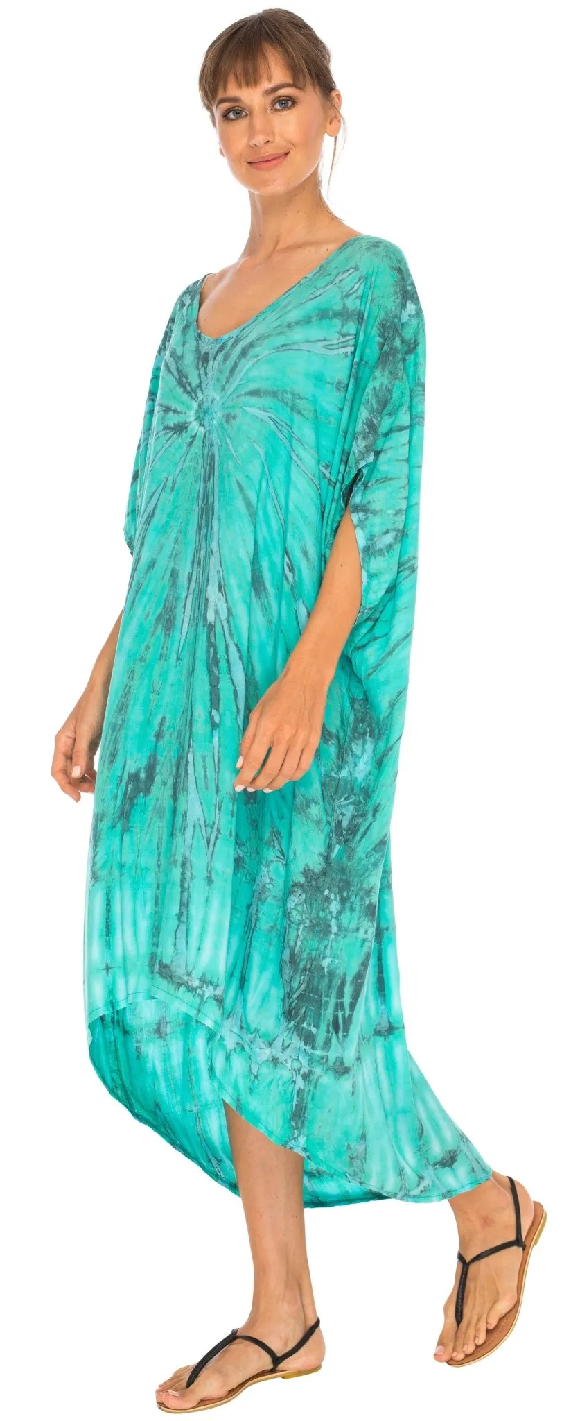 SHU-SHI Women's Loose Beach Cover-Up Dress - Oversized Boho Tunic Top with Tie Dye Design