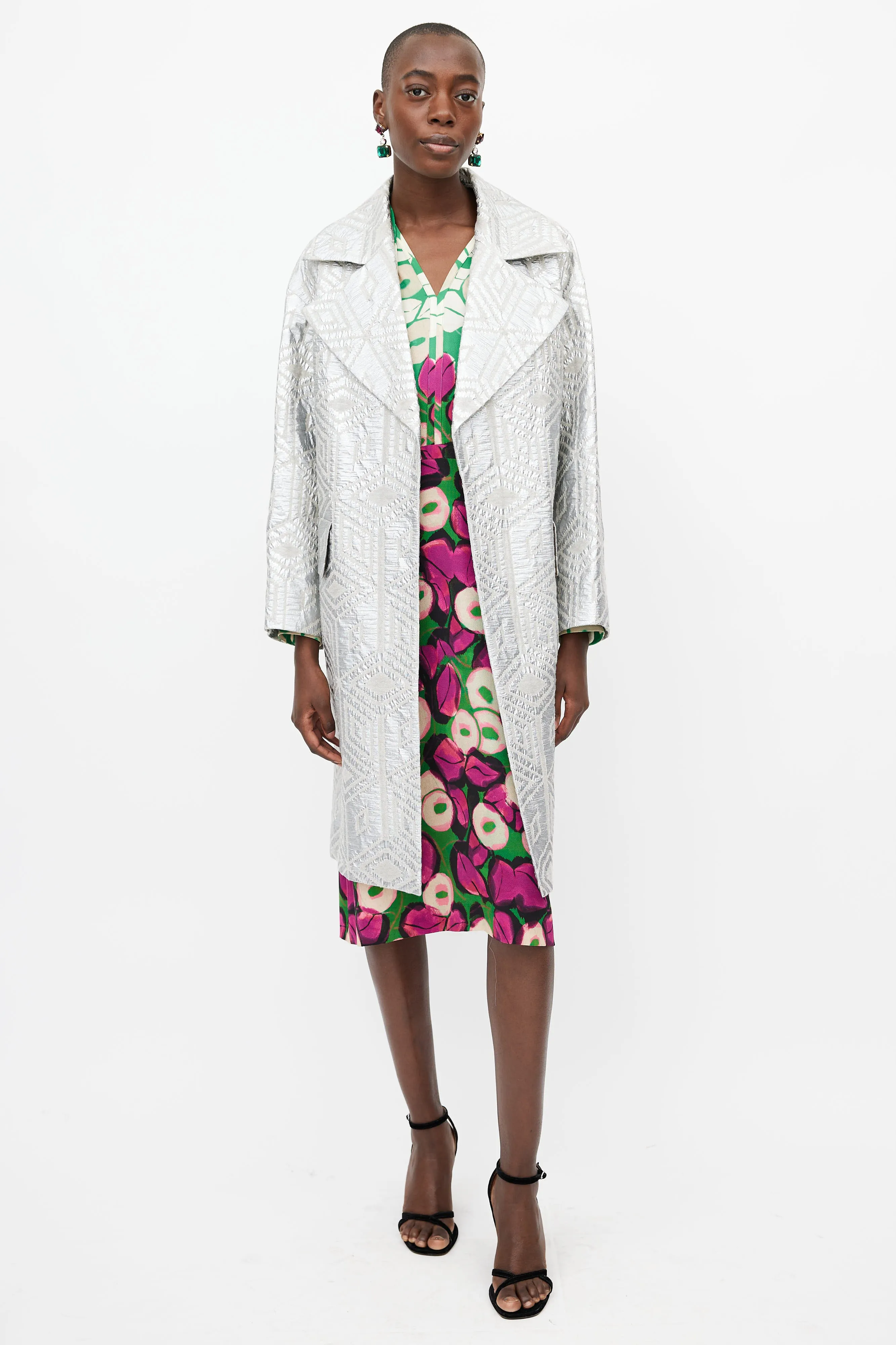 Silver Jacquard Belted Coat