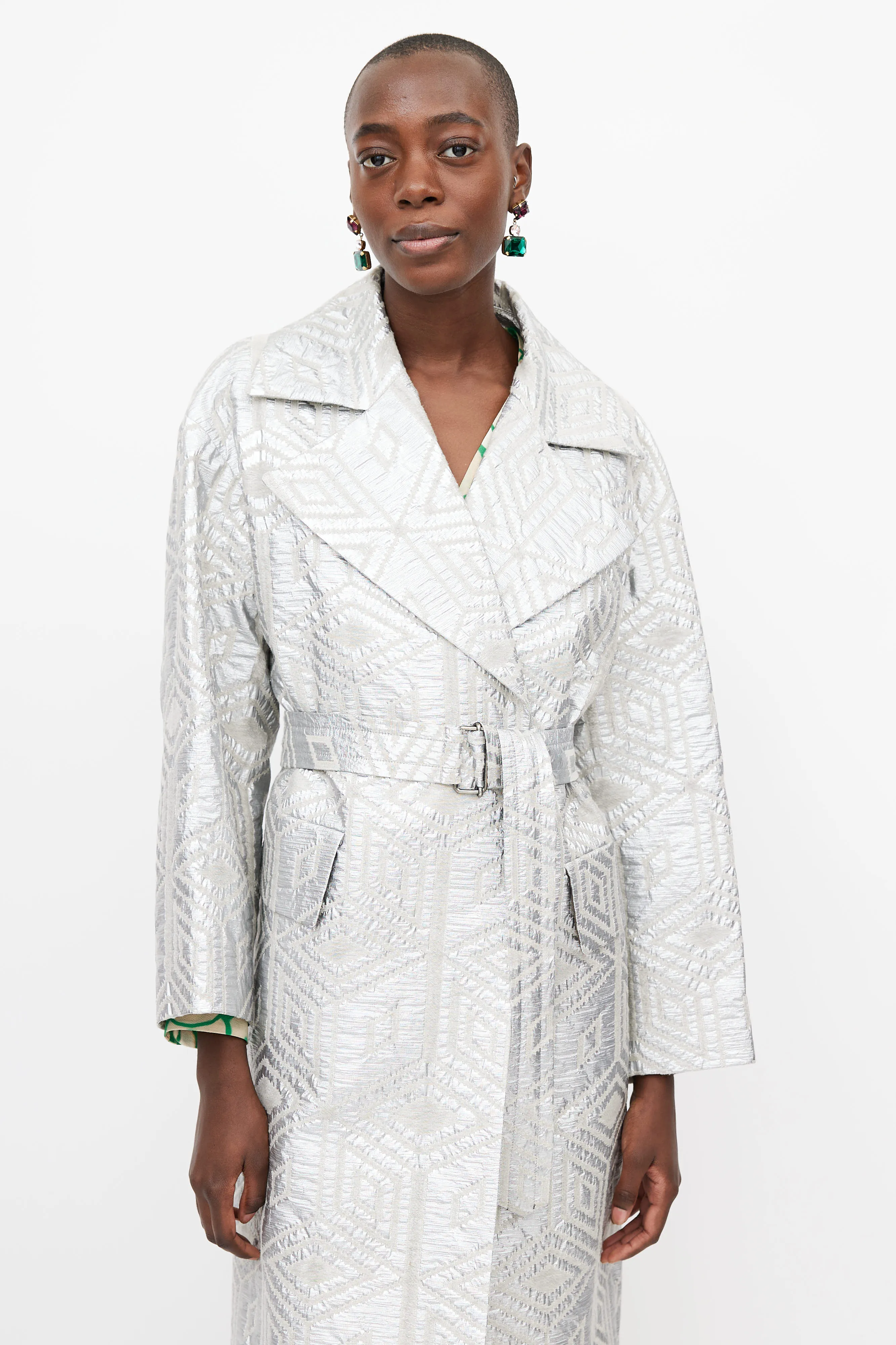 Silver Jacquard Belted Coat