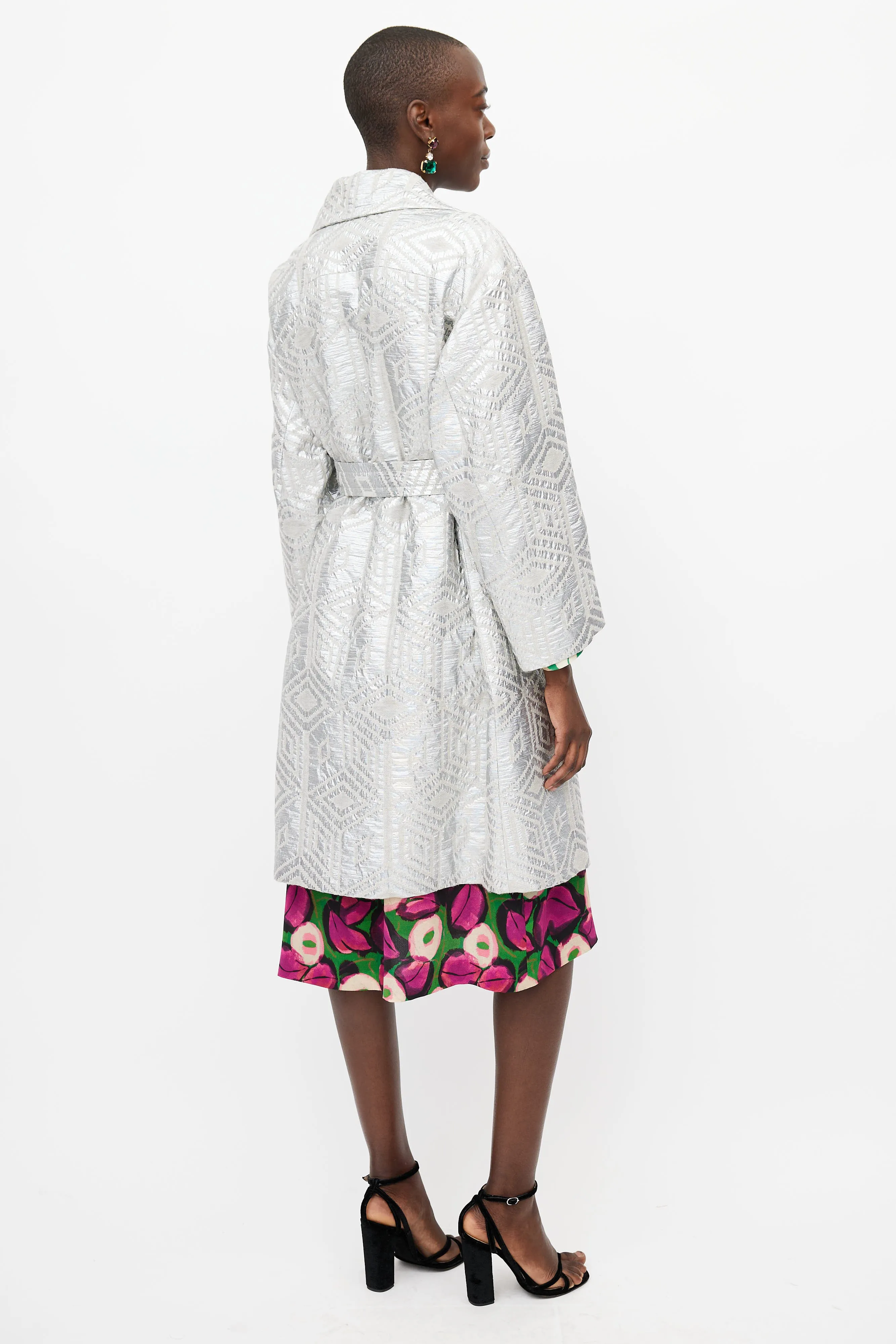 Silver Jacquard Belted Coat