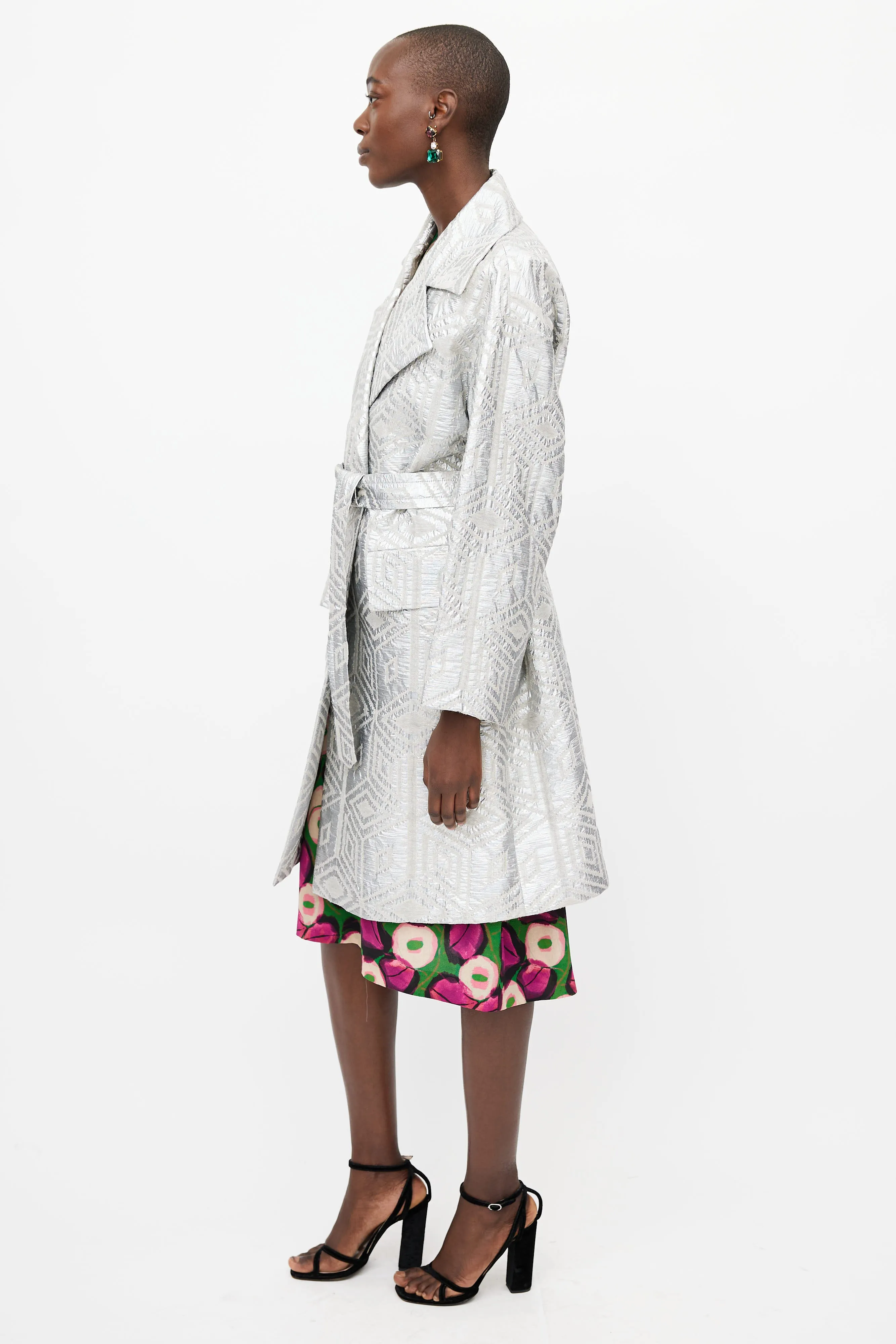 Silver Jacquard Belted Coat