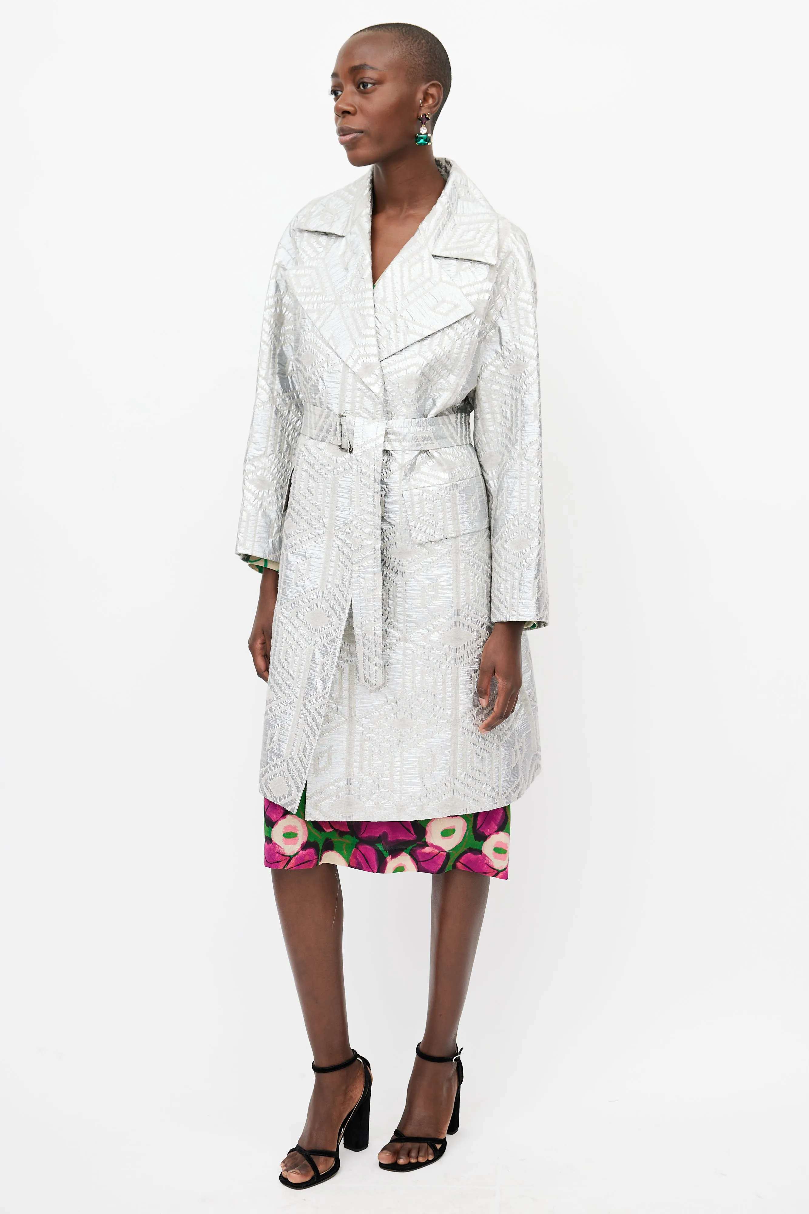 Silver Jacquard Belted Coat