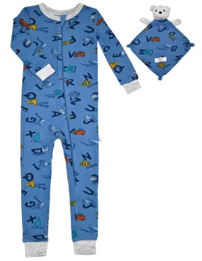 Sleep On It Infant Boys Long Sleeve Super Soft Snuggle Jersey Zip-Up Coverall Pajama with Matching Blankey Buddy - Alphabet