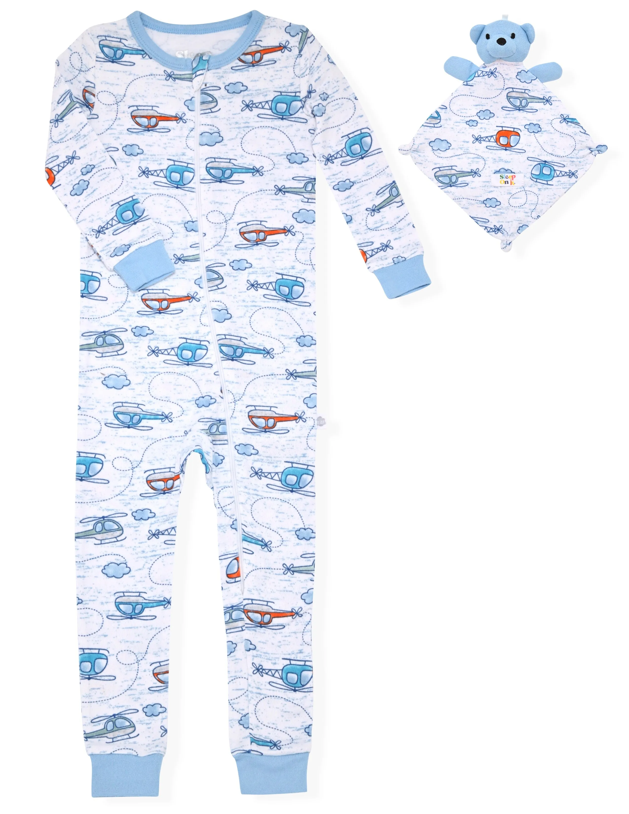 Sleep On It Infant Boys Long Sleeve Super Soft Snuggle Jersey Zip-Up Coverall Pajama with Matching Blankey Buddy - Choppers